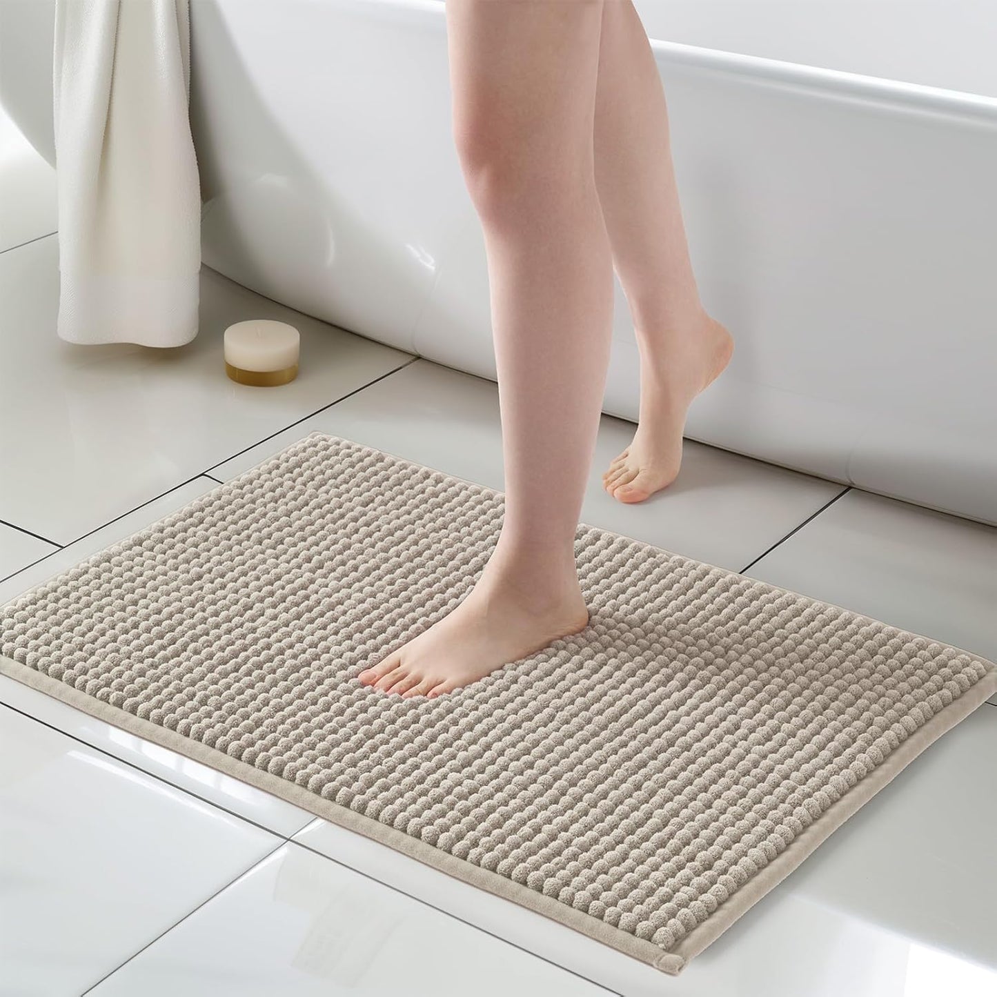 FRESHMINT Thick Chunky Chenille Bathroom Rugs 20"x32", Non-Slip Bath Mat, Soft Bathroom Decor, Cute Shower Mat, Water Absorbent, Washable, Beige