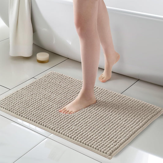 FRESHMINT Thick Chunky Chenille Bathroom Rugs 20"x32", Non-Slip Bath Mat, Soft Bathroom Decor, Cute Shower Mat, Water Absorbent, Washable, Beige