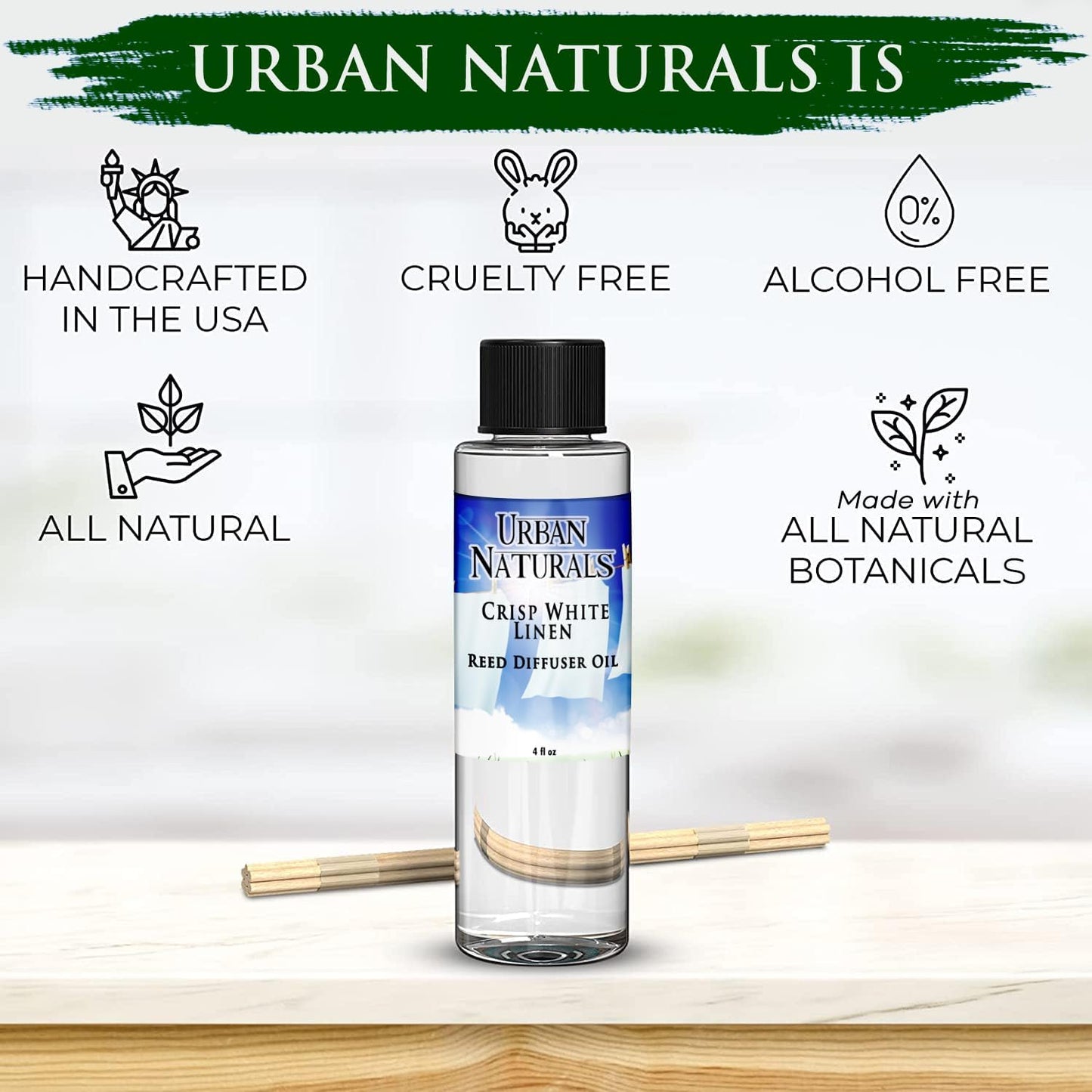 Urban Naturals Crisp White Linen Scented Oil Reed Diffuser Refill | Free Set of Reed Sticks! A Fresh, Clean Cotton Scent, 4 oz (2 Pack)