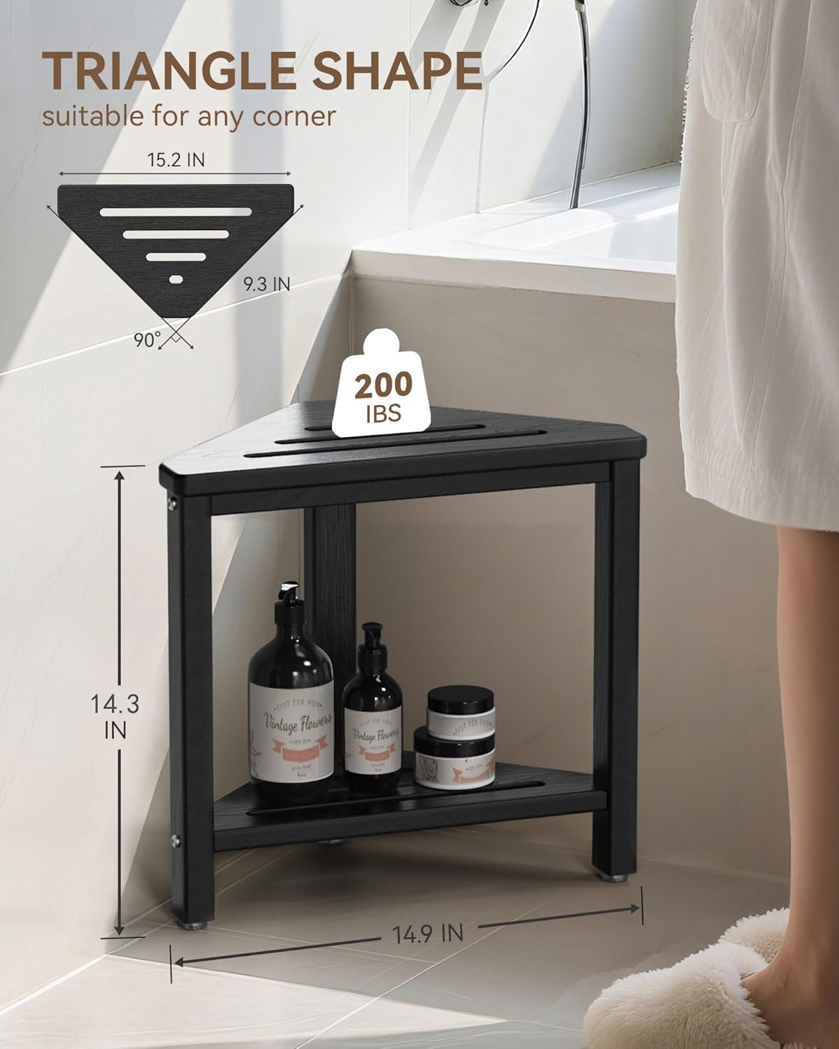 Shower Foot Rest 15in, HDPE Waterproof Shower Stool for Inside Shower, Corner Shower Stool for Shaving Legs with Storage Shelf for Small Space, Shower Step Stool, Plastic Corner Shower Bench, Black