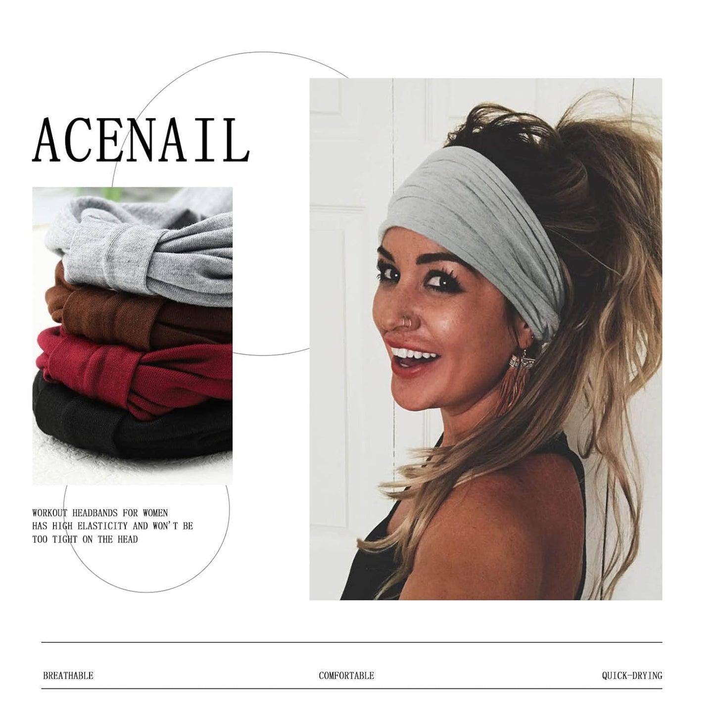 Acenail Wide Headbands Women Knotted Turban Headband Elastic Non Slip Hairbands Workout Yoga Sweatbands Cotton Hair Scarfs Boho Head Wraps Fashion Hair Accessories for Women 4Pcs (Solid)