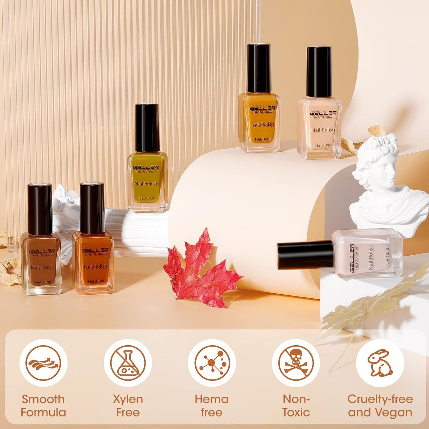 Gellen Maple Brown Nail Polish, Halloween Fall Winter Leaf Regular Nail Polish Air Dry 6-Color Set for Finger Toe Nails Home Salon Manicure Women Girl Gifts, Not UV Gel, Hema Free, Non Toxic, TPO Free