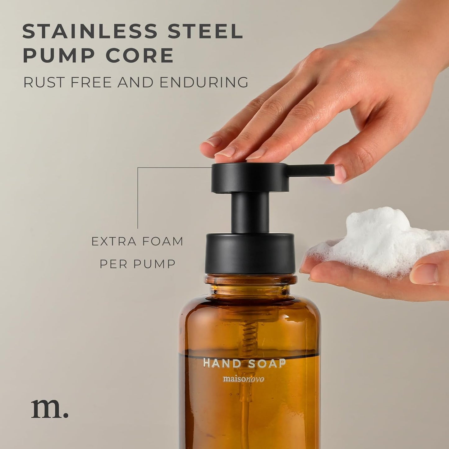 MaisoNovo Glass Foaming Hand Soap Dispenser 14 Oz | Amber Foaming Soap Dispenser Black Plastic Pump x 1 w/Labels