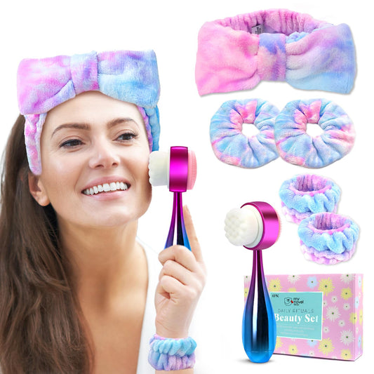 Facial Cleansing Brush, Headband for Washing Face with Silicone Double Side Manual Face Scrubber Brush, Skincare Headband and Wristband Set, 2 Hair Scrunchie, for Makeup Rainbow