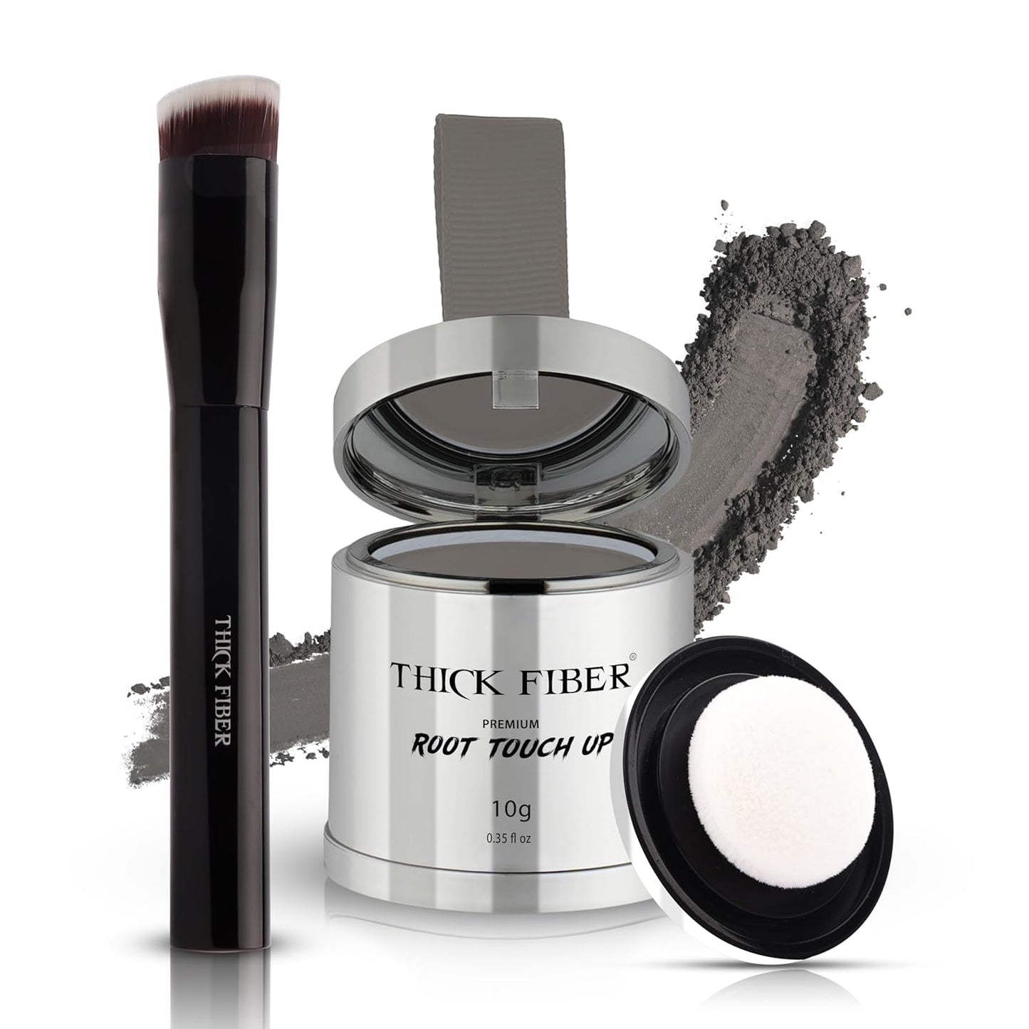 THICK FIBER Root Touch Up & Hairline Powder with Brush (LARGE 10g) – Covers Grey Roots, Thinning Hair & Bald Spots – Sweat & Water Resistant Hair Concealer for Women & Men (Grey)