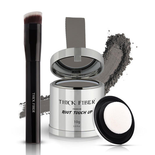 THICK FIBER Root Touch Up & Hairline Powder with Brush (LARGE 10g) – Covers Grey Roots, Thinning Hair & Bald Spots – Sweat & Water Resistant Hair Concealer for Women & Men (Grey)