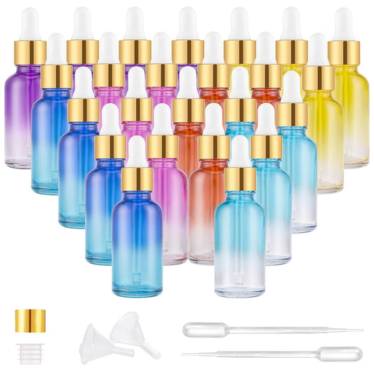 PrettyCare Glass Eye Dropper Bottles 24 Pack, 1oz (30ml) Rainbow Empty Thick Bottles Bulk with Leakproof Goledn Caps - With Labels & Funnels for Storage, Travel, Essential Oils, Cuticle, Tinctures