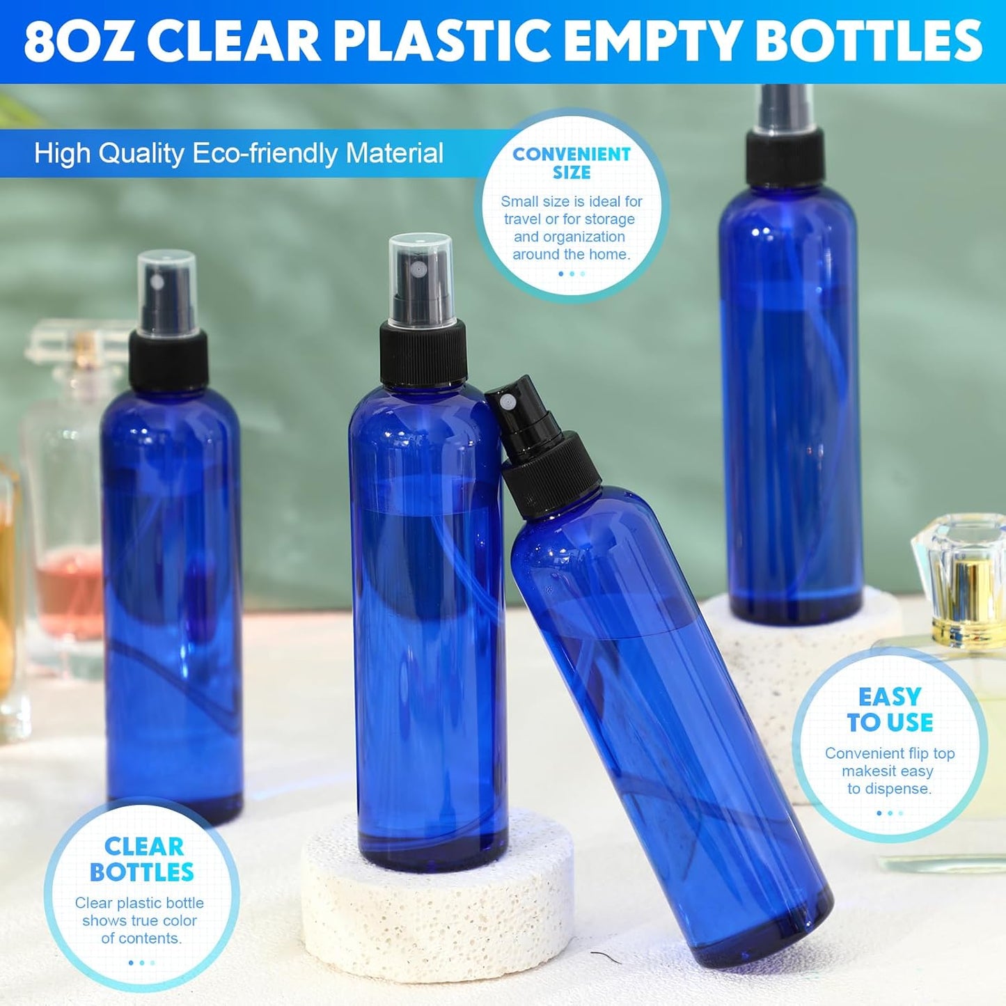 Eccliy 32 Pcs 8 oz Spray Bottles Fine Mist Cleaning Bottles Clear Empty Plastic Travel Sprayer Refillable Sprayer with Cap for Cleaning Solutions Oils Travel Perfumes(Blue,Clear)