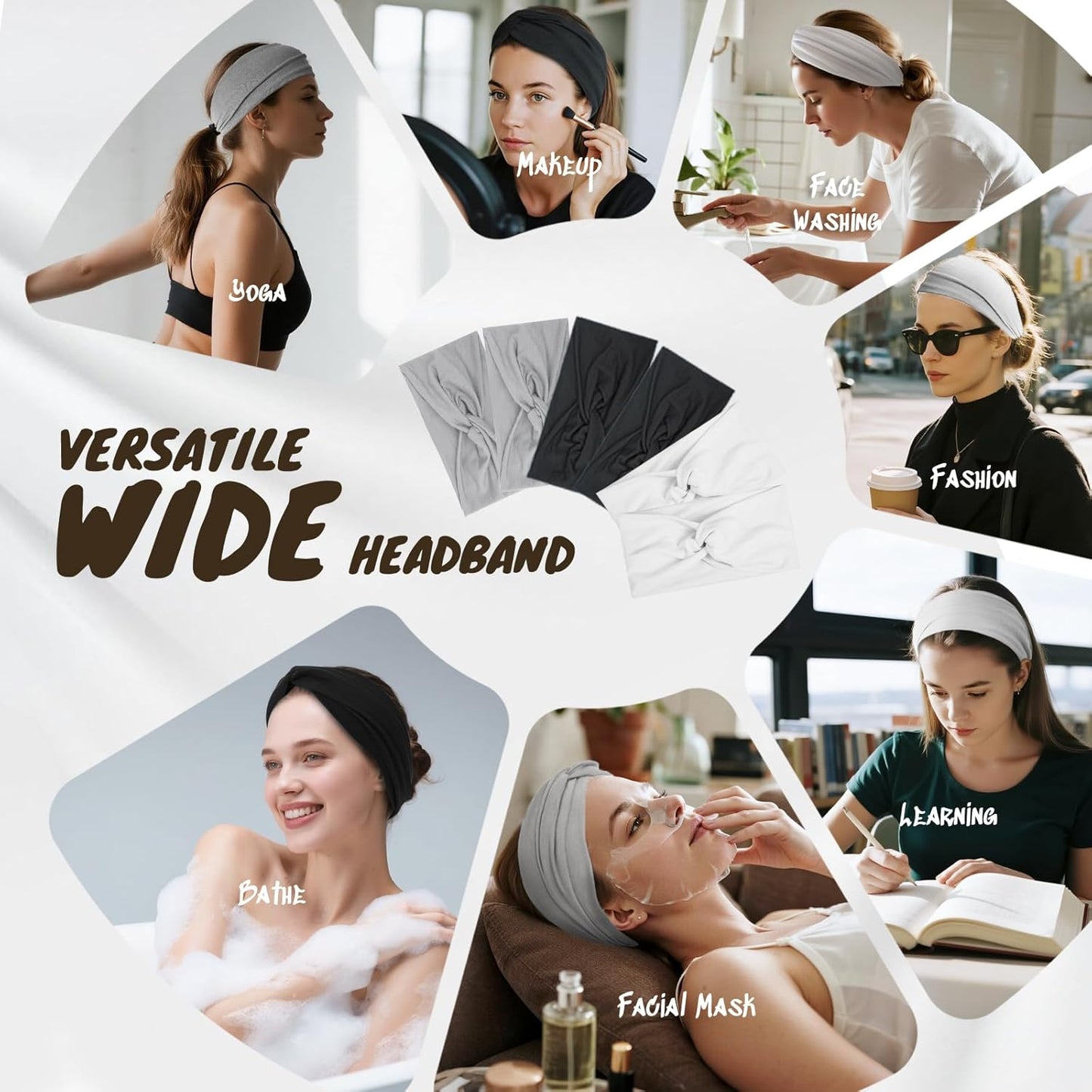 Headbands for Women, Non Silp Wide Hair Bands, Elastic Thick Head Bands, Stretchy Soft Sports Sweat Bands for Spa Workout Running Gym, Cotton Cloth Hair Accessories 6Pcs, Two Black/White/Gray