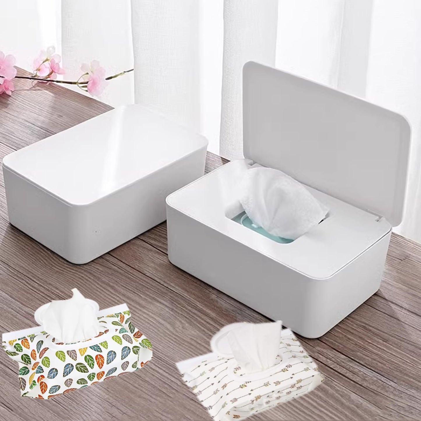 Wipe Dispenser White,Reusable Flushable Wipe Holder Set with 2Pcs Refillable Portable Wipe Bag for Baby Adult Bathroom,Wipe Container with Lids Keeps Wipes Fresh,Baby Shower New Mom Gifts