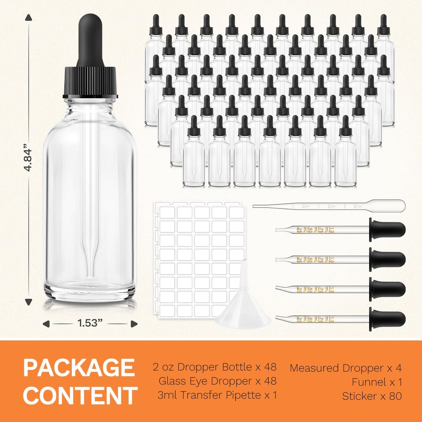 Bumobum 48 Pcs, 2 oz Clear Glass Dropper Bottle with 4 Extra Glass Dropper, 1 Funnel, 1 Pipette, 80 Labels, 60ml Travel Bottles for Essential Oils, Perfume, Hair Oil, Liquids - Leakproof