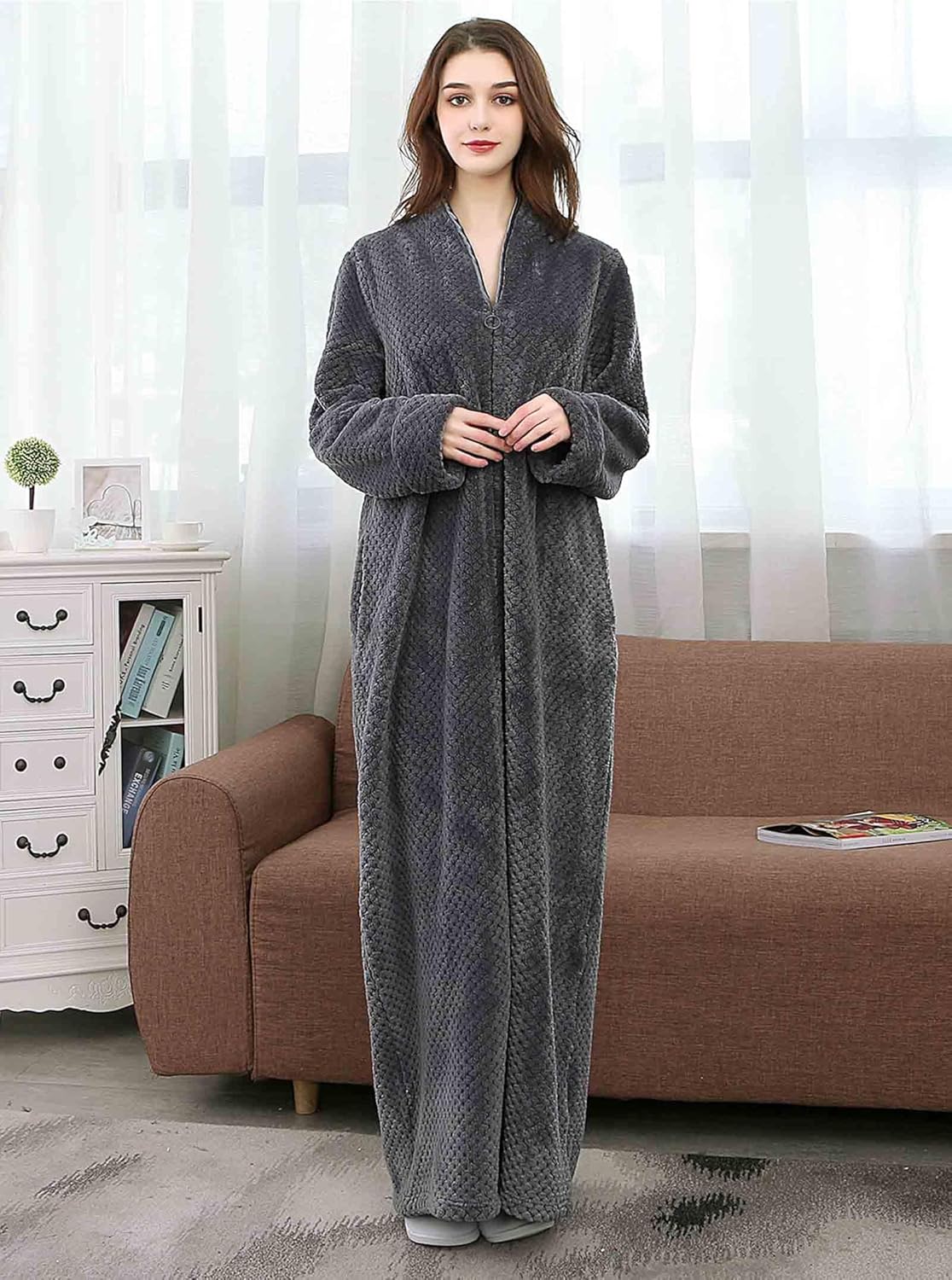 Artfasion Womens Fleece Robe Plush Long Zip Front Bathrobe with Pockets Warm Soft Zippered Bathrobes for Women