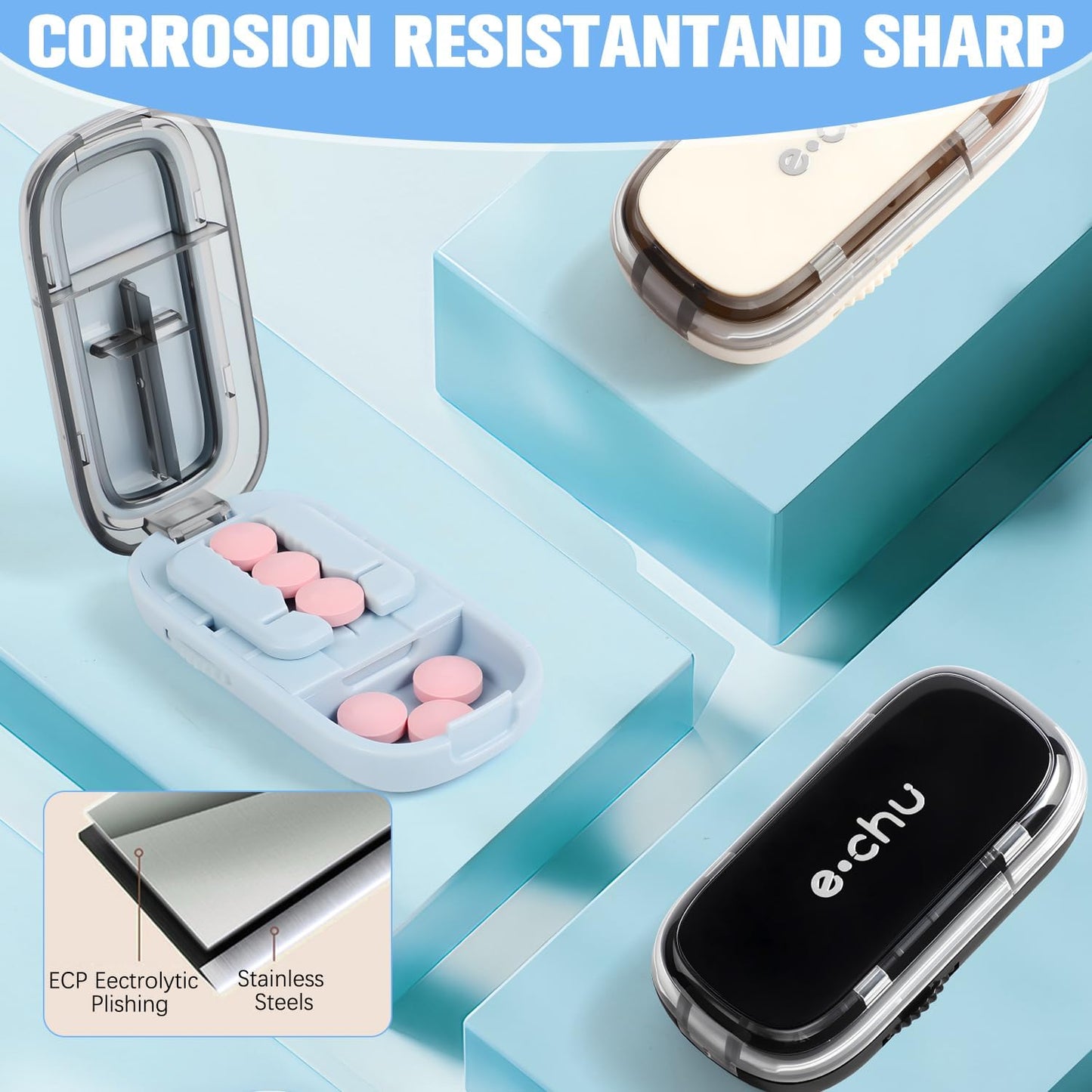 Pill Cutter Splitter for Small and Tiny,Echu Pill Cutter,1/2 & 1/4 Adjustable Pills Splitter with Centering Device for Cutting Multiple Pills,Easy to Use (White)