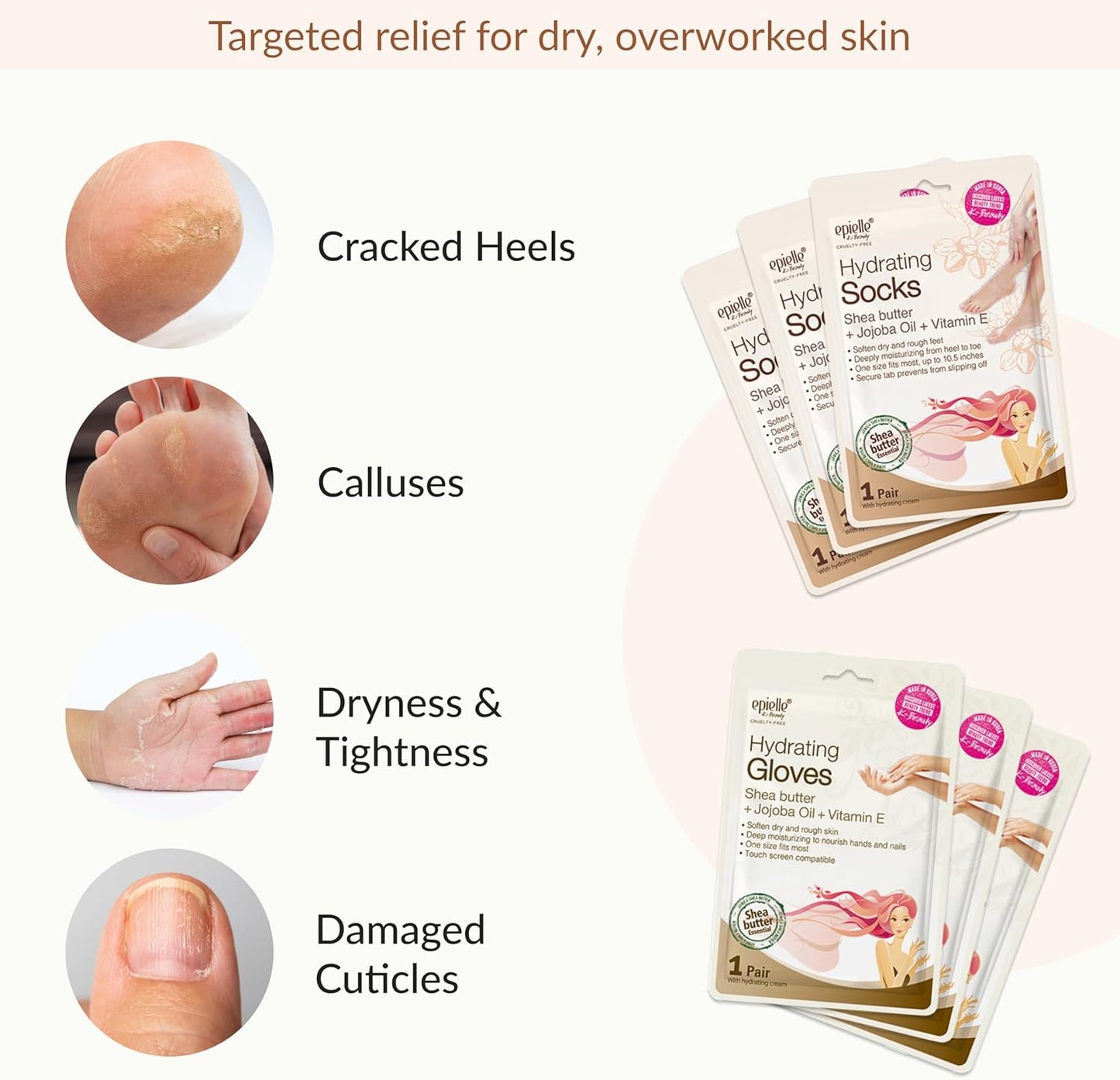 Epielle Hydrating Hand & Foot Masks 12 Pairs, Deep Moisturizing Socks & Gloves, Soften Dry Hands & Cracked Heels with Shea Butter & Jojoba Oil, Korean Skin Care, Foot Spa, Self Care Gifts for Women