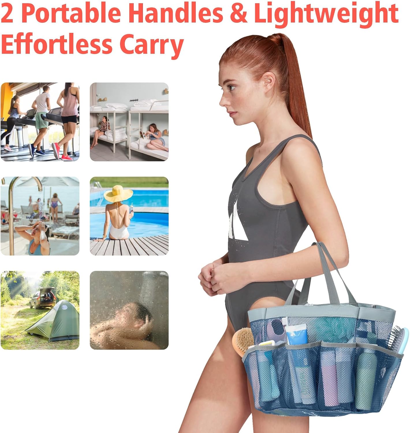 F-color Mesh Shower Caddy Portable - Navy Blue, Upgrade Deeper 7 Pockets Shower Bag Basket Tote for College Dorm Room Toiletry Bathroom Essentials Gym Camp Quick Dry 2 handles with S Hook