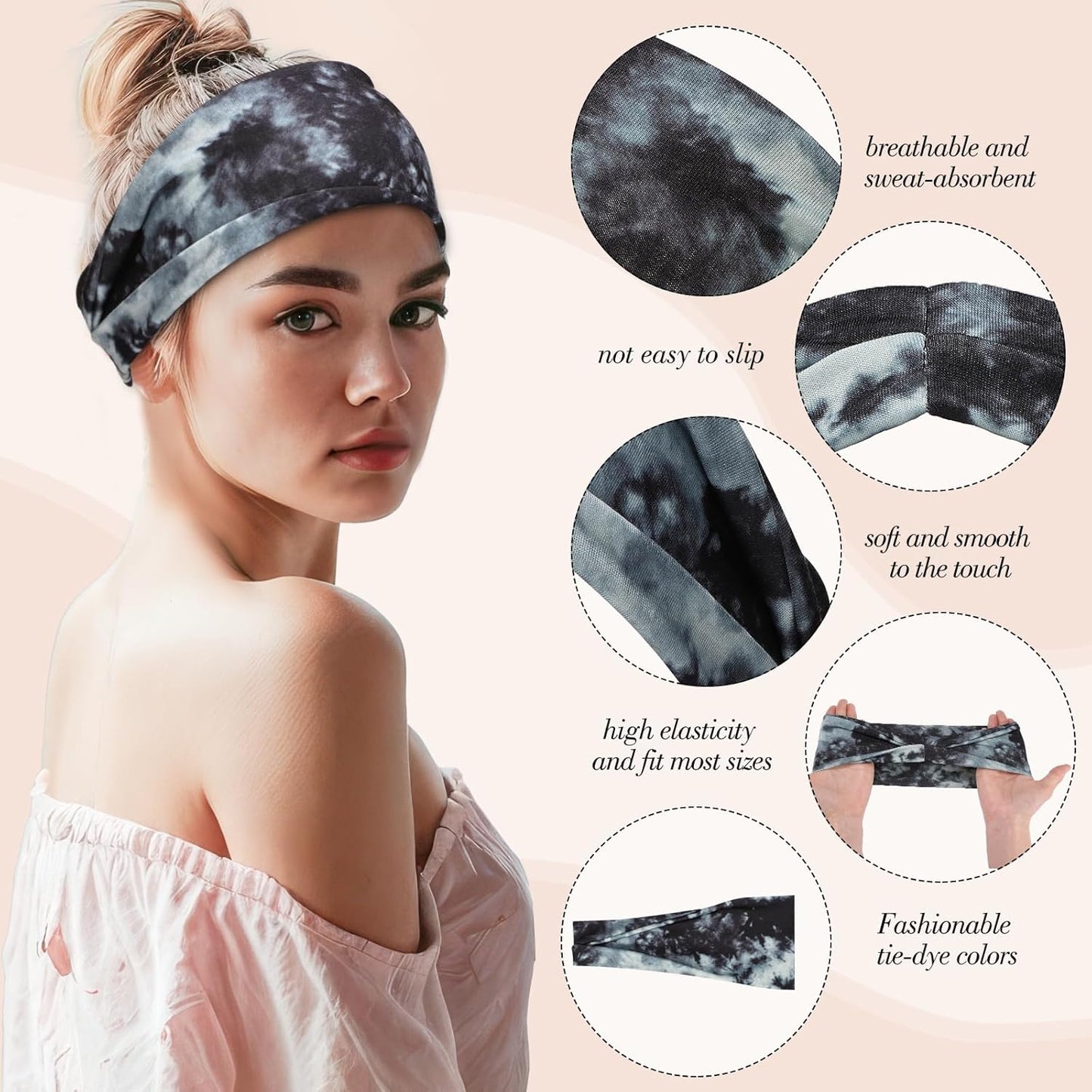 obeoby Tie Dye Headbands for Women, 8Pcs Boho Hairbands Fashion Knot Wide Headband for Daily Yoga Work, Stocking Stuffers for Women