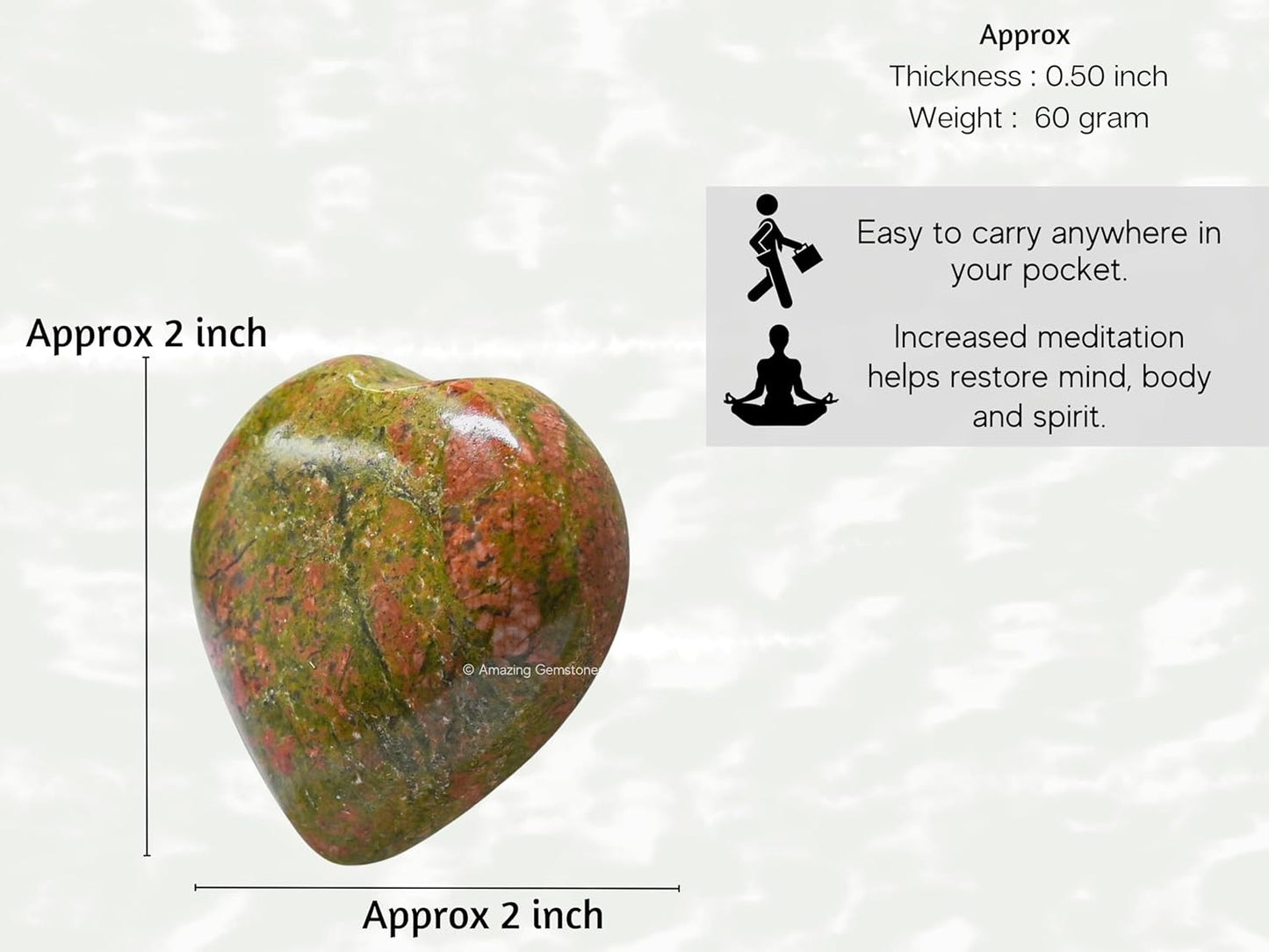 Amazing Gemstone Unakite Crystal Heart Palm Stone - Pocket Massage Worry Stone for Natural Body Chakra Balancing, Reiki Healing and Crystal Grid