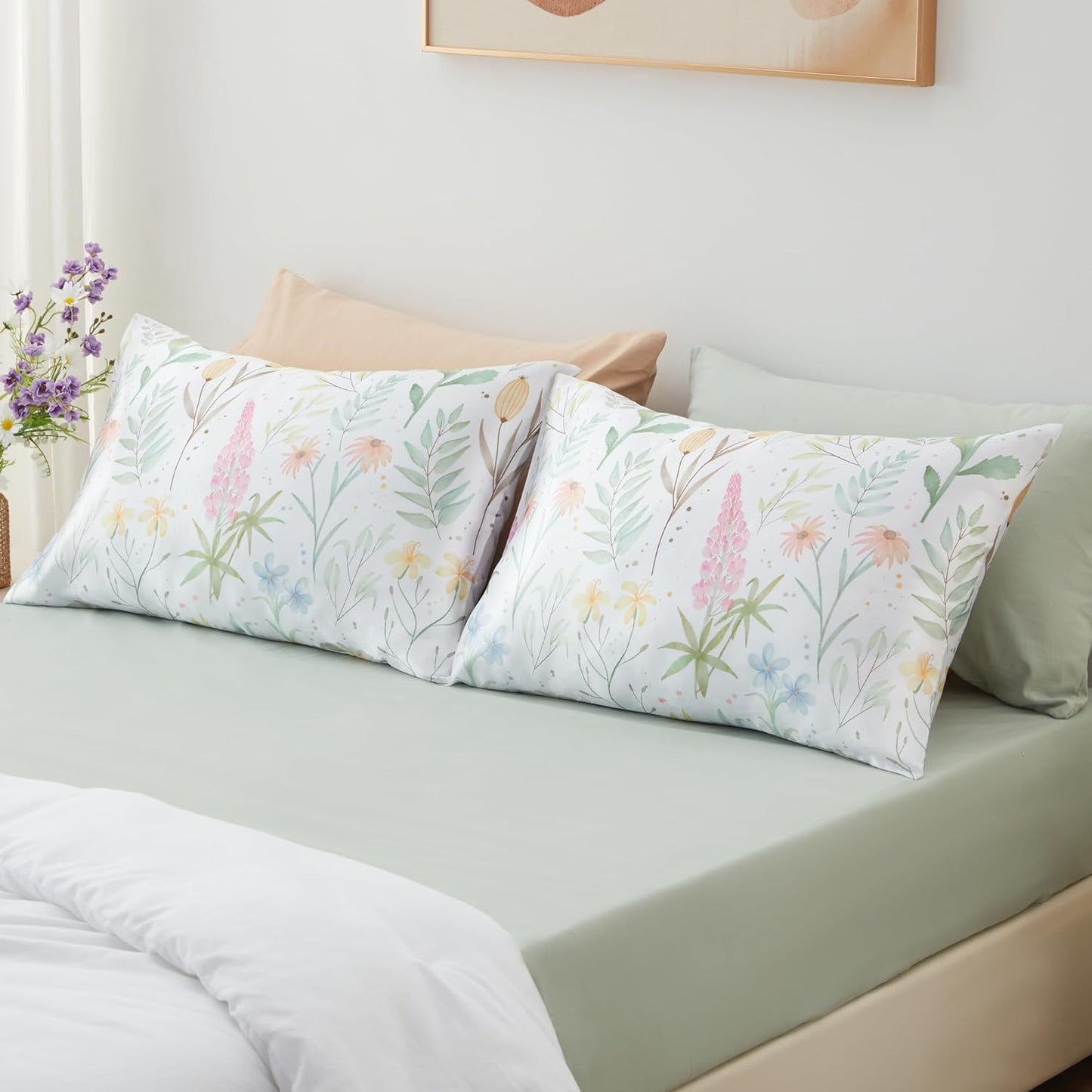 EXQ Home Satin Pillowcase for Hair and Skin- Multicolor Printed Flower Silk Pillowcase 2 Pack 20x36 inches - King Size Pillow Cases with Envelope Closure, Gifts for Women