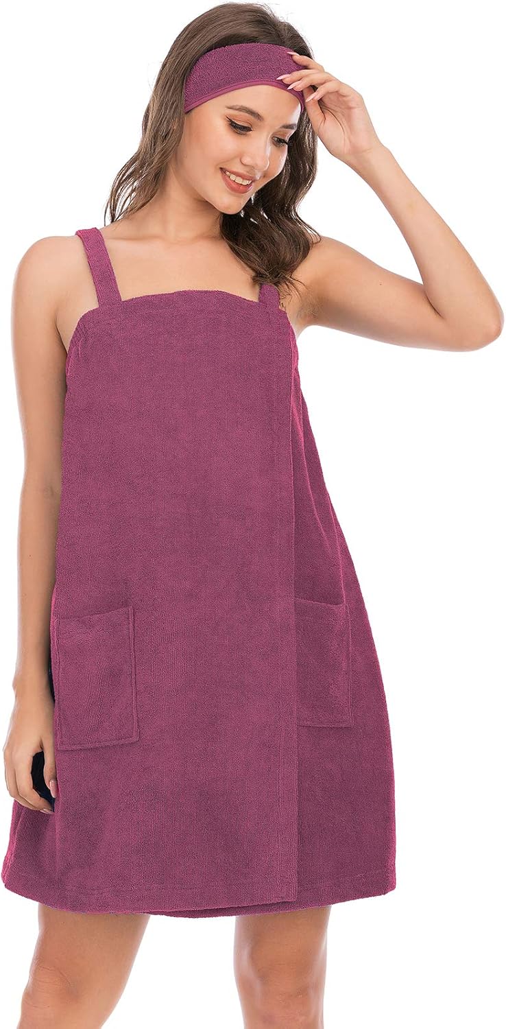 Veseacky Women Bath Wrap Towel for Womens Shower with Pocket Adjustable Spa Robe & Facial Headband