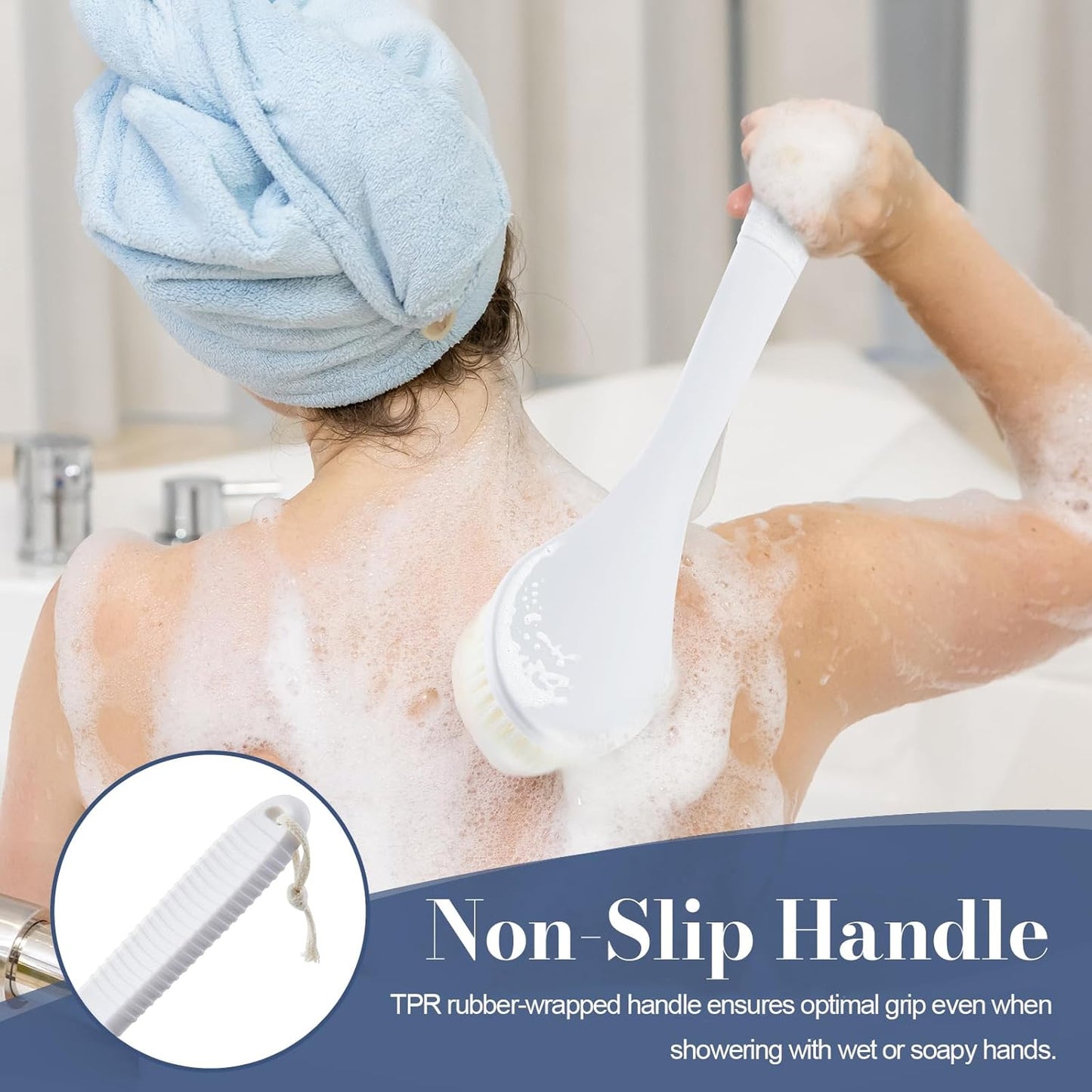 Back Scrubber for Shower, Shower Body Brush for Cleaning with Long Handle for Showering, 17 Inch Back Washer Exfoliator for Shower Men Women with Non-Slip Handle, Adhesive Hook (White)