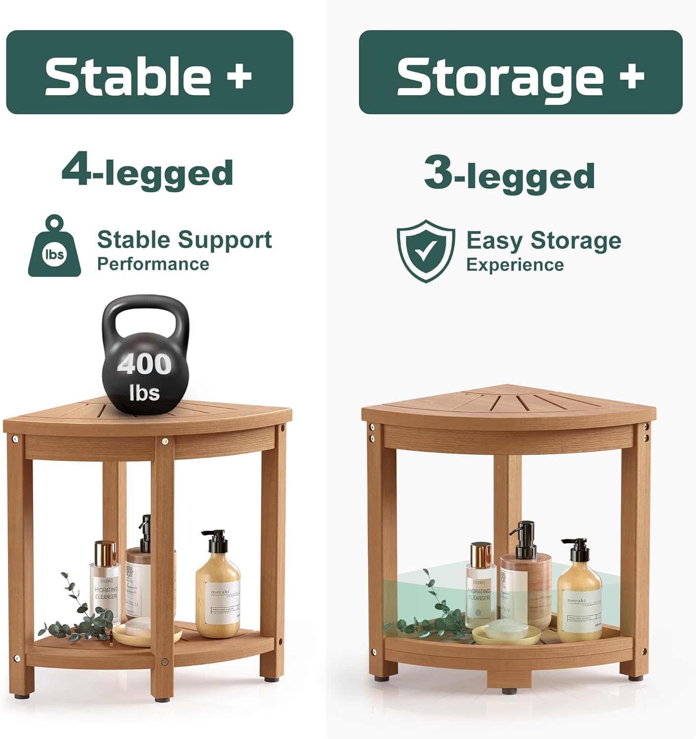 Corner Shower Stool for Inside Shower Waterproof, HIPS Poly Lumber Shower Bench Seat Chair, Bath Shower Stool for Shaving Legs Foot Rest with Adjustable & Non-Slip Feet, Load 400 lbs, Teak