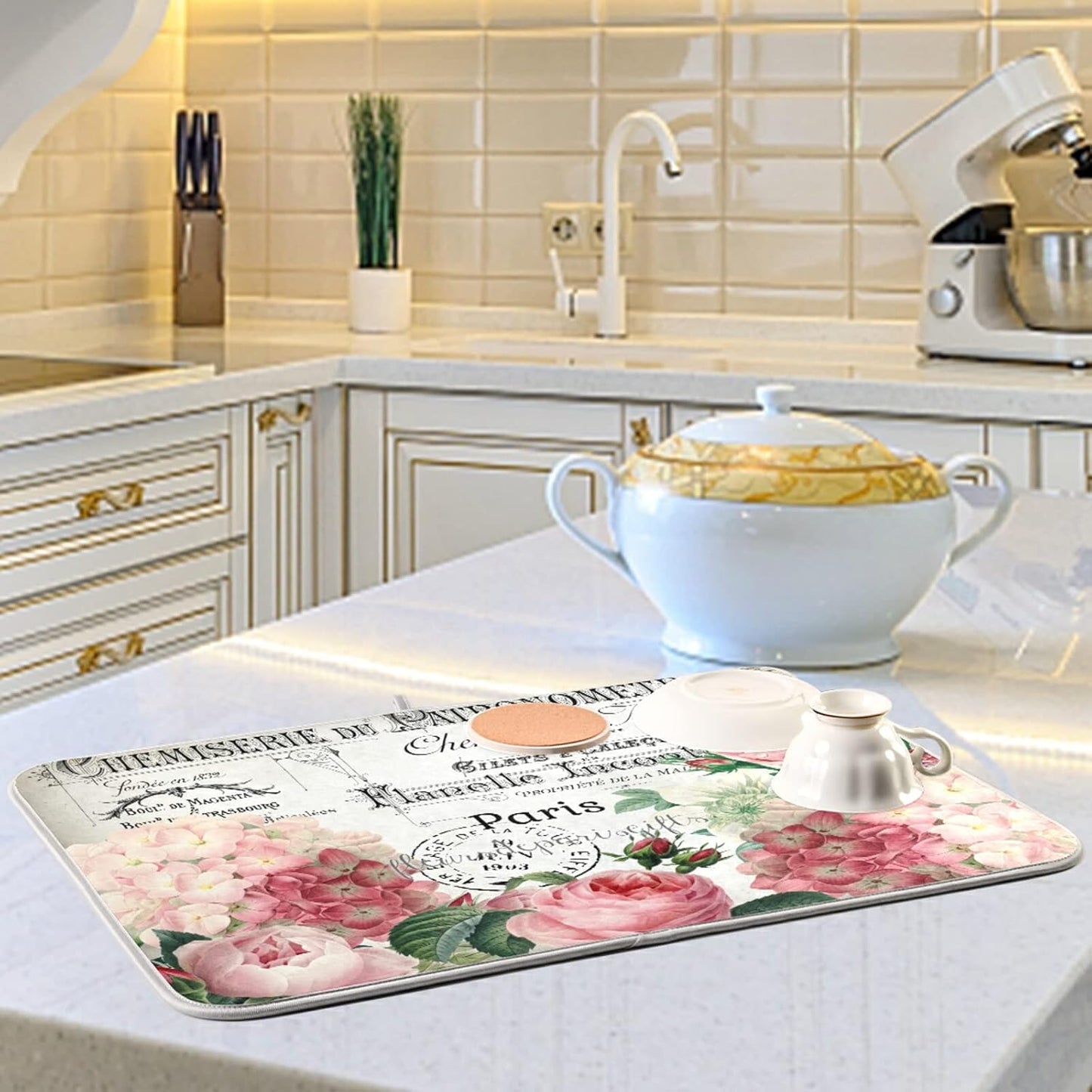 Vintage Pink Rose Flower Dish Drying Mats for Kitchen Drying Mat 16 x 18 Inch Absorbent Microfiber Drying Dish Mat Machine Washable Dish Rack Pad Dish Drainer Mat