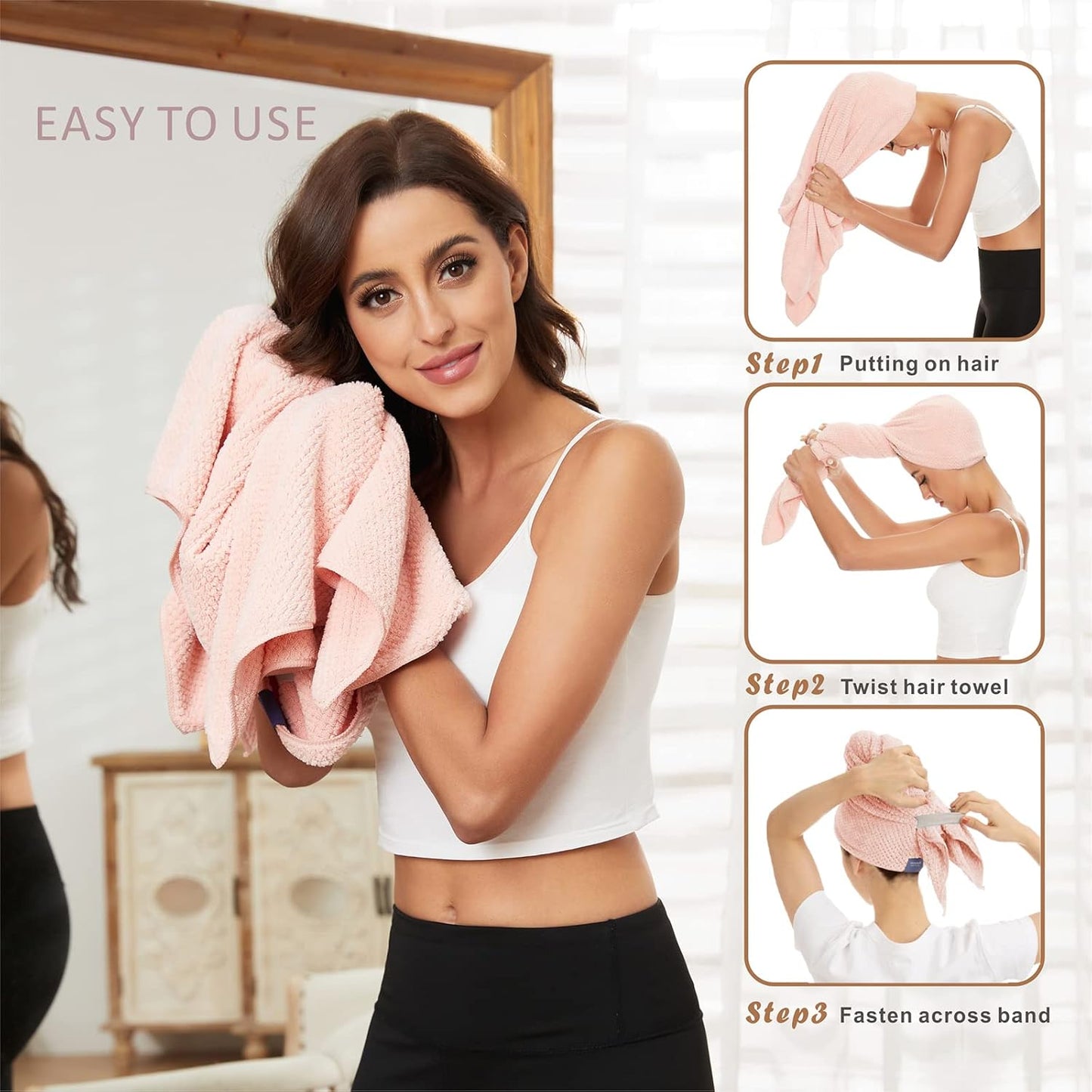 Microfiber Hair Towel Wrap for Women, Anti Frizz Large Ultra-Soft Hands-Free Hair Dry Towels, Fast Drying | Super Absorbent | Quick Dry Hair Turban for Wet, Curly, Long & Thick Hair - Pink