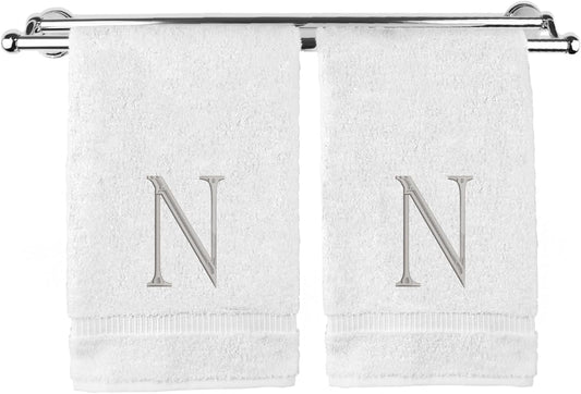 Monogrammed Hand Towel, Personalized Initial Gift, Extra Absorbent 100% Turkish Cotton - Soft Terry Finish - Set of 2 - Silver Block Initial N - Embroidered on White Towels