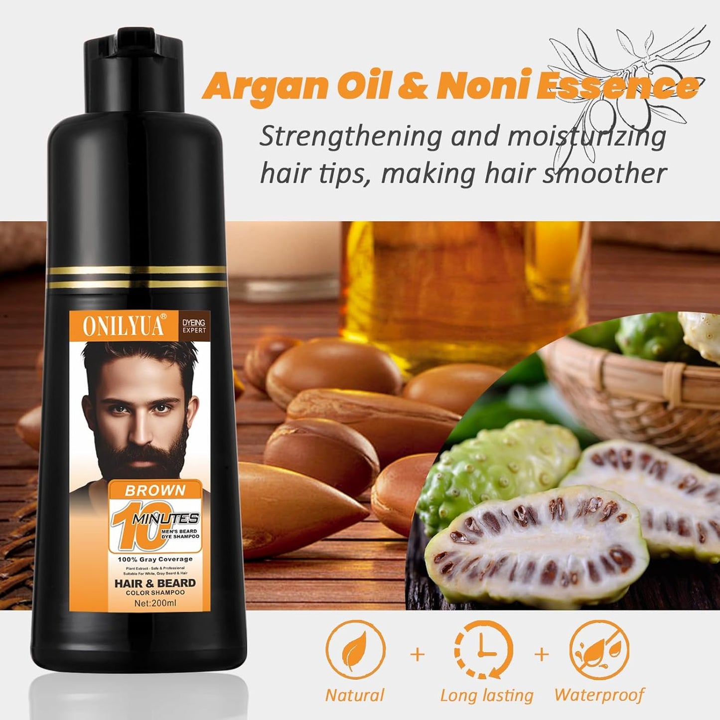 Men's Beard Dye, Brown Beard Dye Shampoo for Gray Hair Coverage, Root Touch Up, 3 in 1 Simpler Hair Color for Men, Long Lasting Hair Dye Shampoo for Beard & Mustache, 200 ml