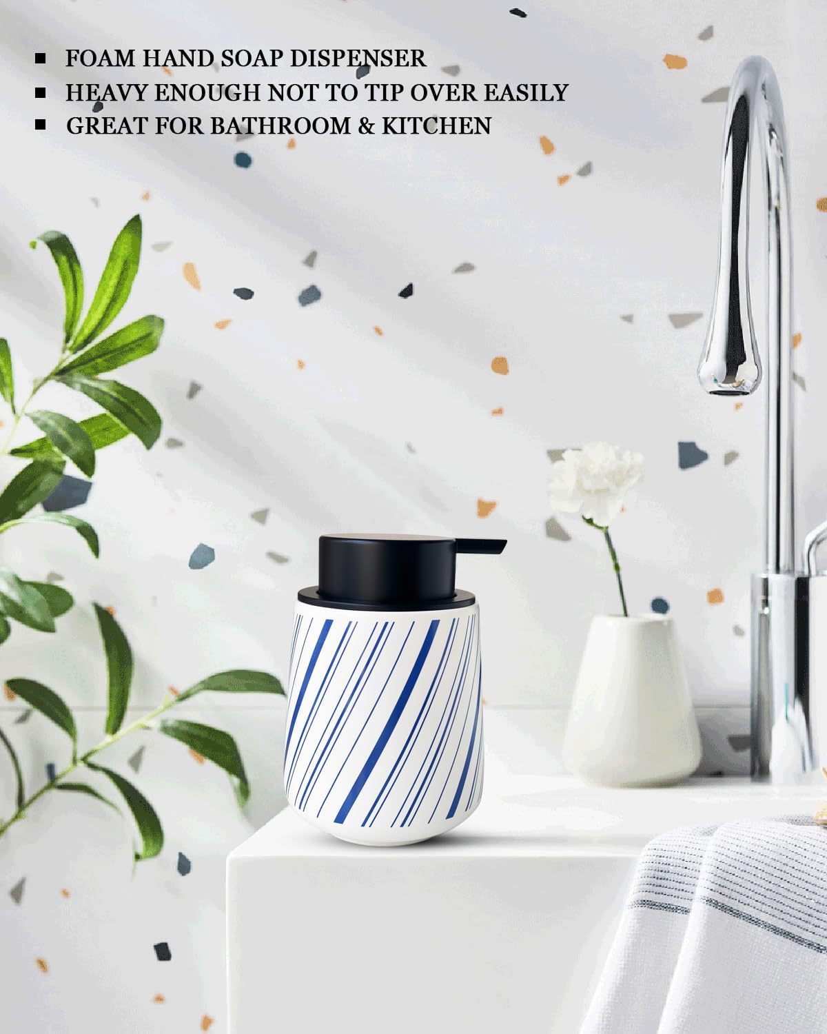 Chic Soap Dispenser Bathroom Ceramic Hand Foam Soap Dispenser for Bathroom Deco 12ounce Refillable Liquid Dispenser for Kitchen (Blue)