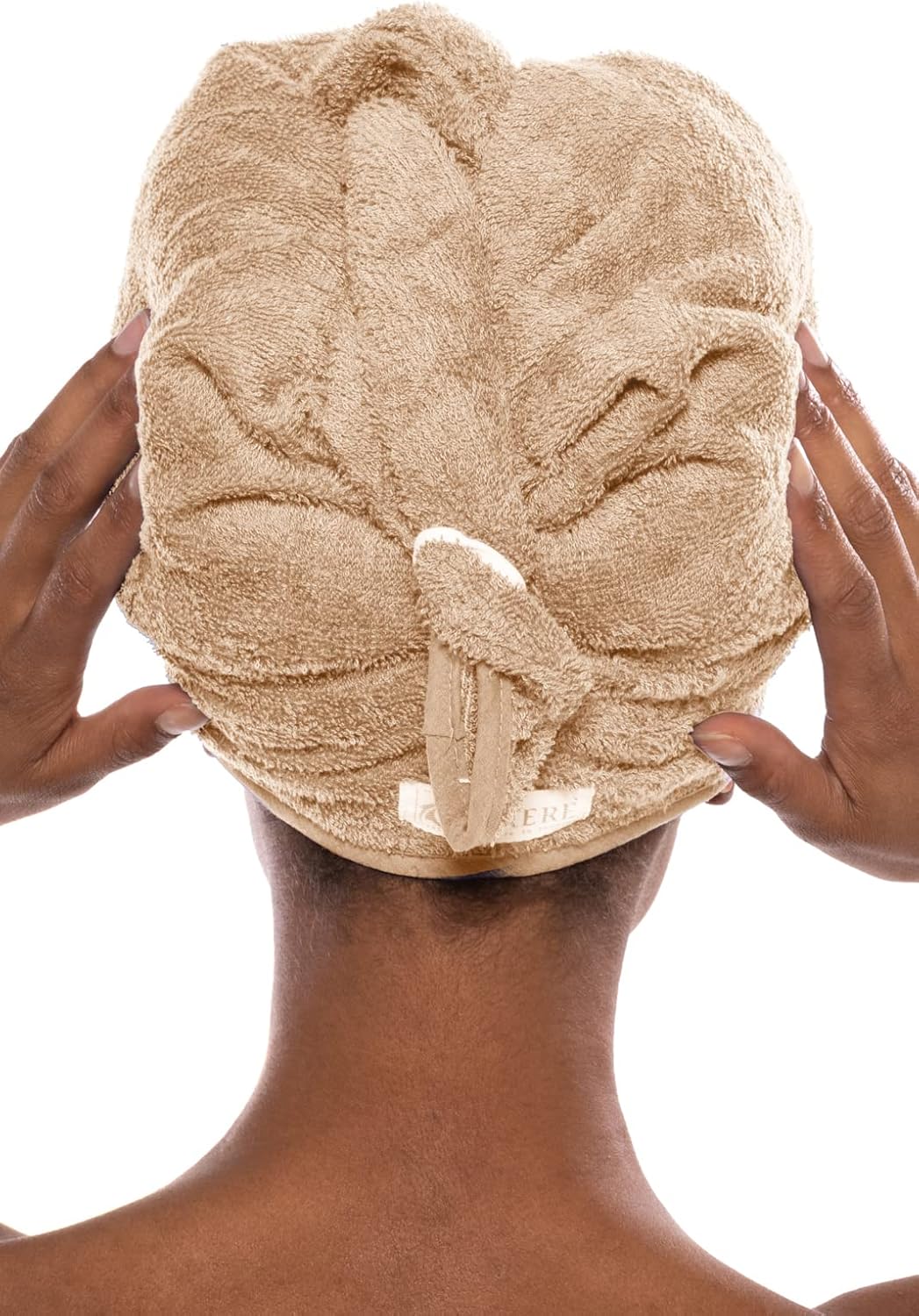 TexereSilk Women's Rayon and Cotton Terry Hair Towel - Lightweight, Absorbent Quick Drying Hair Wrap for Thick and Curly Hair (Tya, Almond Buff, U)
