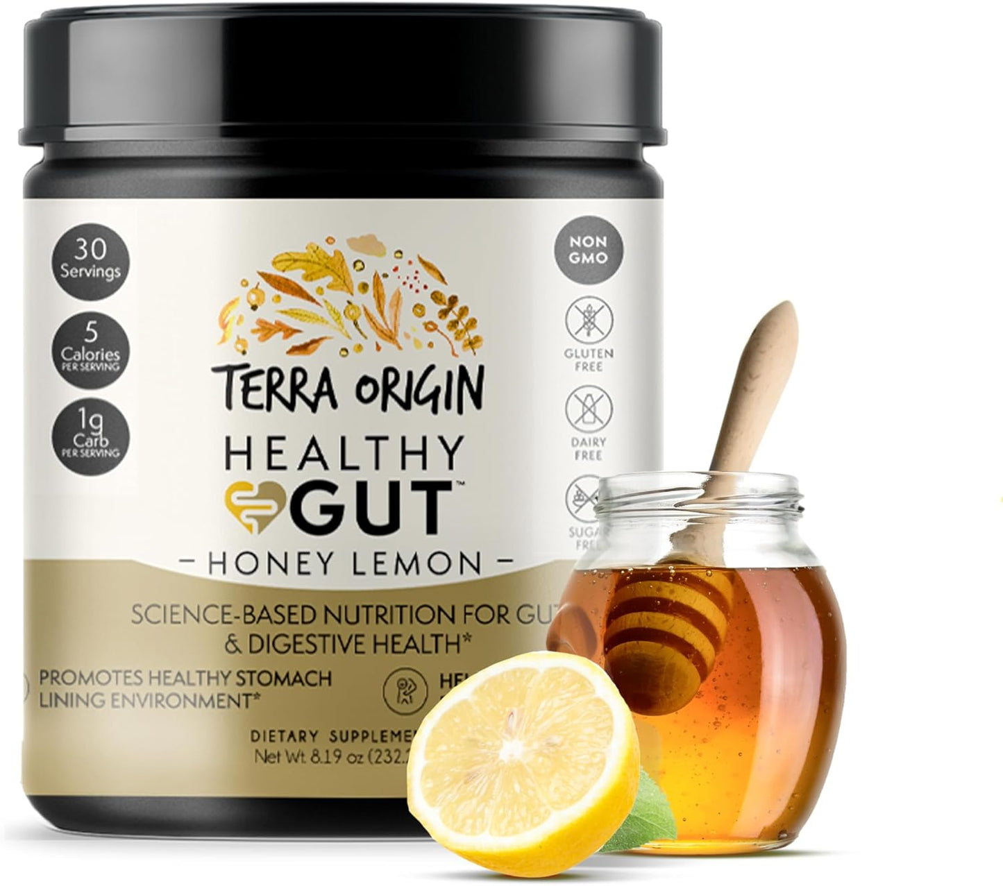 TERRA ORIGIN Healthy Gut Powder (Honey Lemon) | 30-Servings with L-Glutamine, Zinc, Glucosamine, Slippery Elm Bark and More!