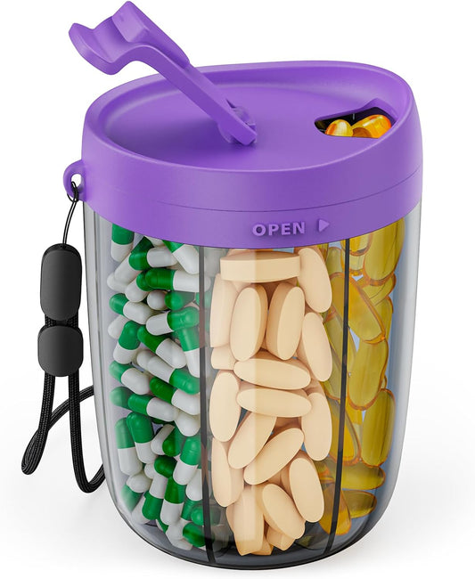 PULIV Large Supplement Organizer Bottle, Holds Plenty of 6 Various Vitamins in 1 Pill Dispenser with Anti-Mixing & Wide Openings Design, Easy to Retrieve Meds, Includes 20 Pcs Labels Dark Purple
