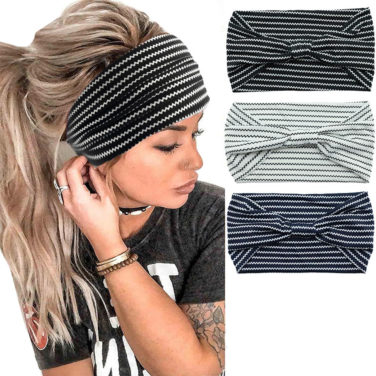 K-Elewon 3 Pack Women Wide Elastic Head Wrap Headband Sports yoga Hair Band