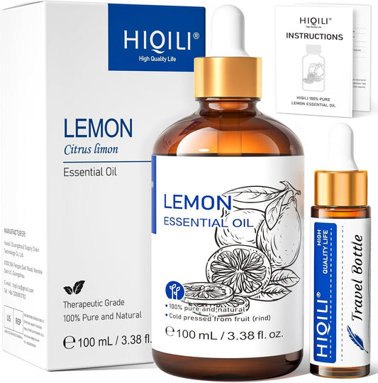 HIQILI Lemon Essential Oil, Household Cleaning, Air Purification, Skin Care, Can be Added to Cleansers, Sprays, Body Lotions Use - 3.38 Fl Oz/100ML