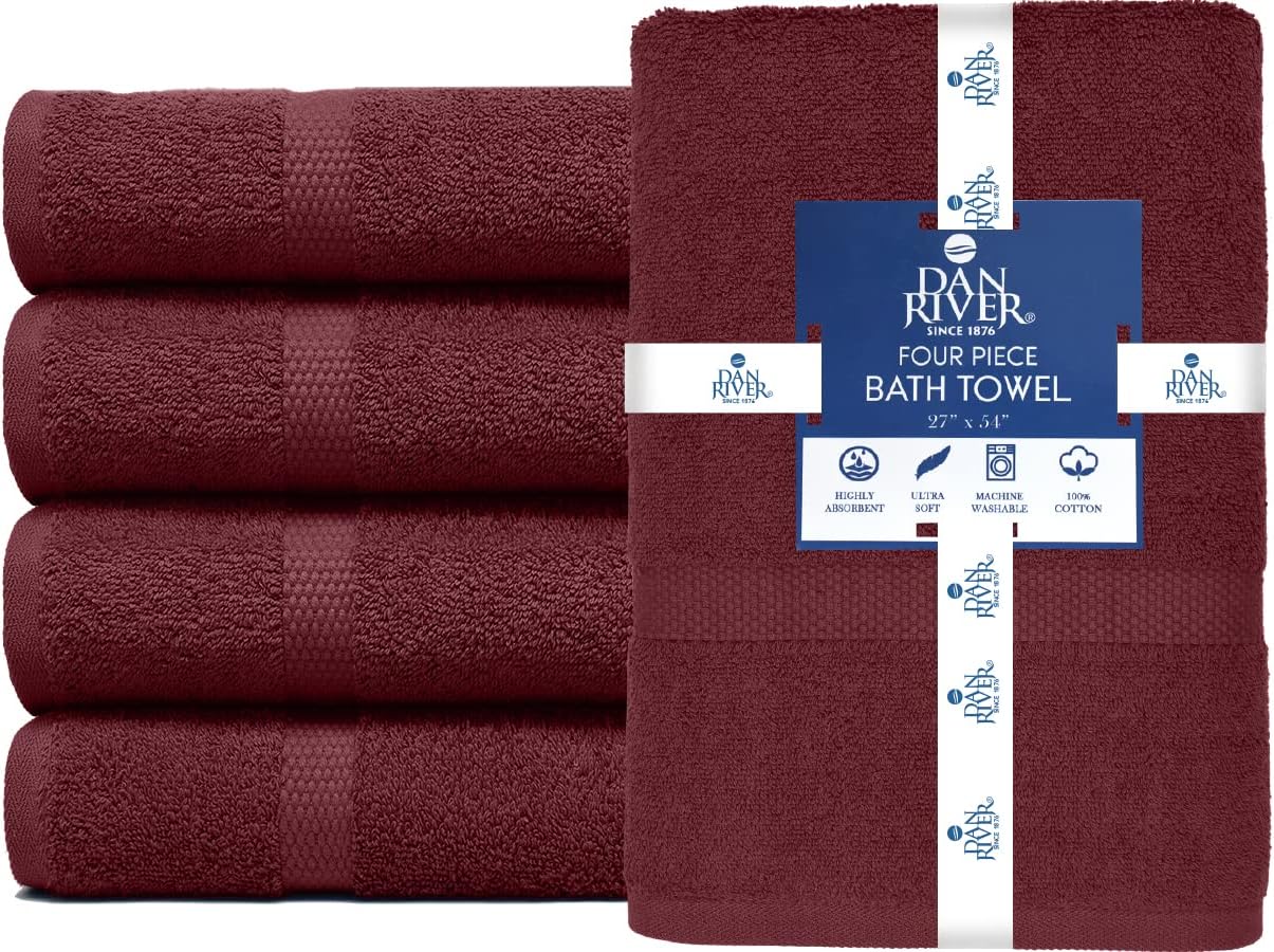 DAN RIVER Bath Towels Set of 4, 27 x 54 Inches, 100% Cotton, Larger & Lighter Weight, Quicker to Dry, Super Soft and Absorbent, Ideal Soft Bath Towels for Daily Use, Pomegrante