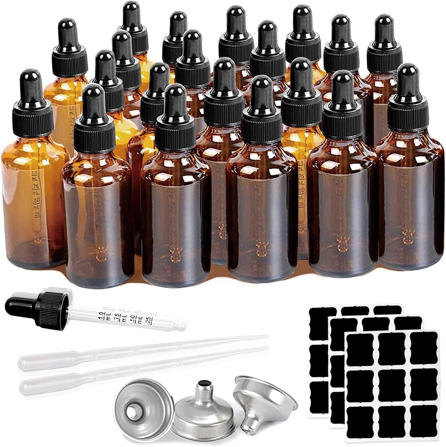 20 Pack,2 Oz Amber Glass Dropper Bottle With Measured Dropper Essential Oil Tincture Bottles,Funnels, Labels,60ml Brown Glass Dispenser Bottle for Oils,Serum,Liquid Medicine Travel Container