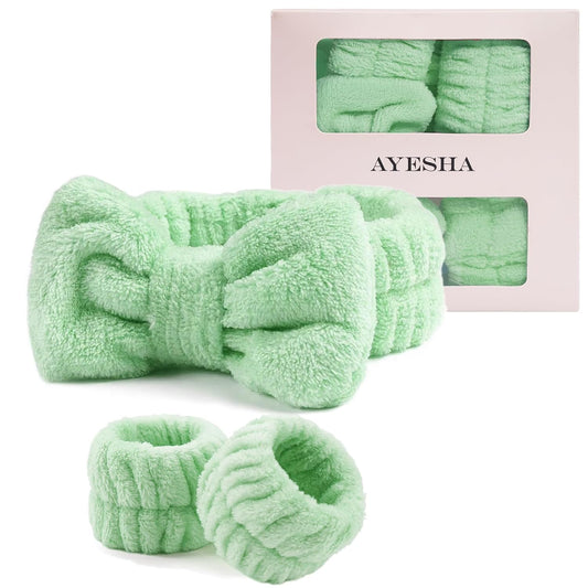 Ayesha Green Spa Headband and Wristband Set for Skincare Makeup Headband Wrist Cuffs for Washing Face Bubble Skincare Hairband for Women Girls
