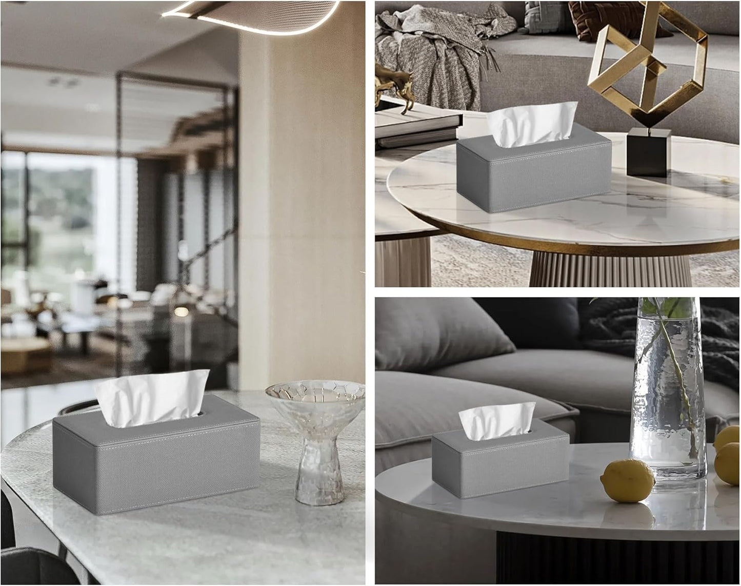 Tissue Box Cover Rectangular 9.8"(L) x 5.3"(W) x 4.3"(H) Refined Modern PU Leather Facial Tissue Dispenser Box Holder for Dresser Bathroom Decorative (Linen Grey)