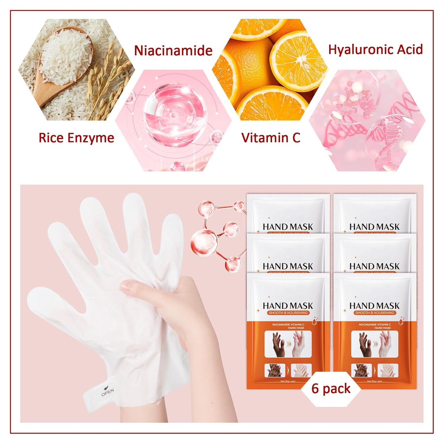 Hand Masks Moisturizing Gloves,6 Pairs Hydrating Hand Peel Masks Gift Set for Dry Cracked Hands Care,Long-lasting and Non-greasy Hand Moisturizer Gloves for Women E