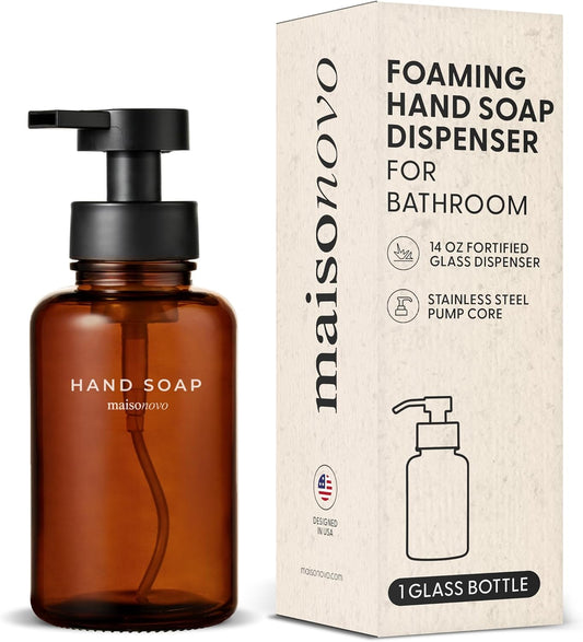 MaisoNovo Glass Foaming Hand Soap Dispenser 14 Oz | Amber Foaming Soap Dispenser Black Plastic Pump x 1 w/Labels