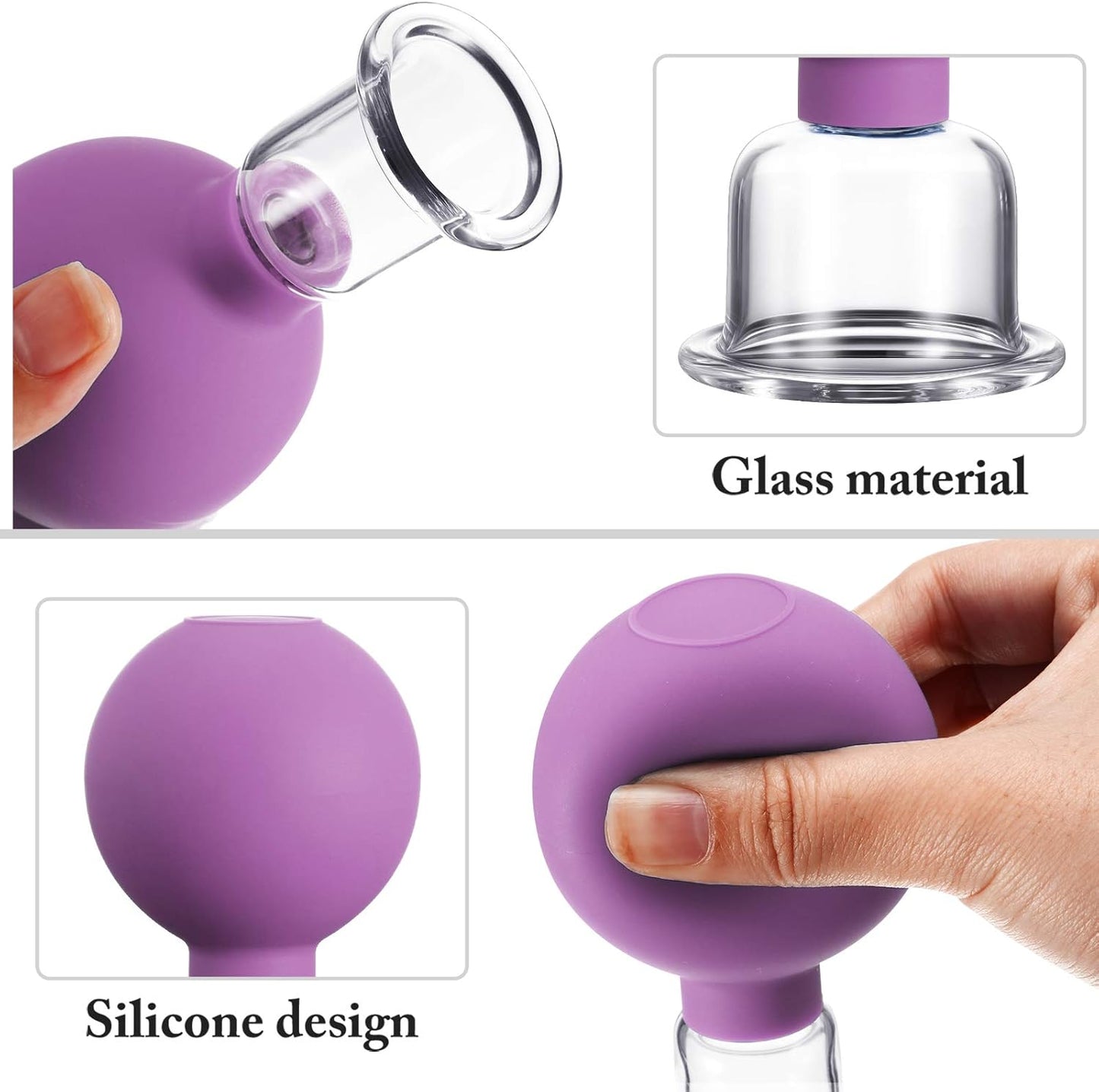 BBTO 4 Pieces Glass Cupping Set Glass Silicone Cupping Cups Massage Vacuum Suction Cupping Cups for Body Face Leg Arm Back Shoulder Muscle and Joint Pain (Purple)
