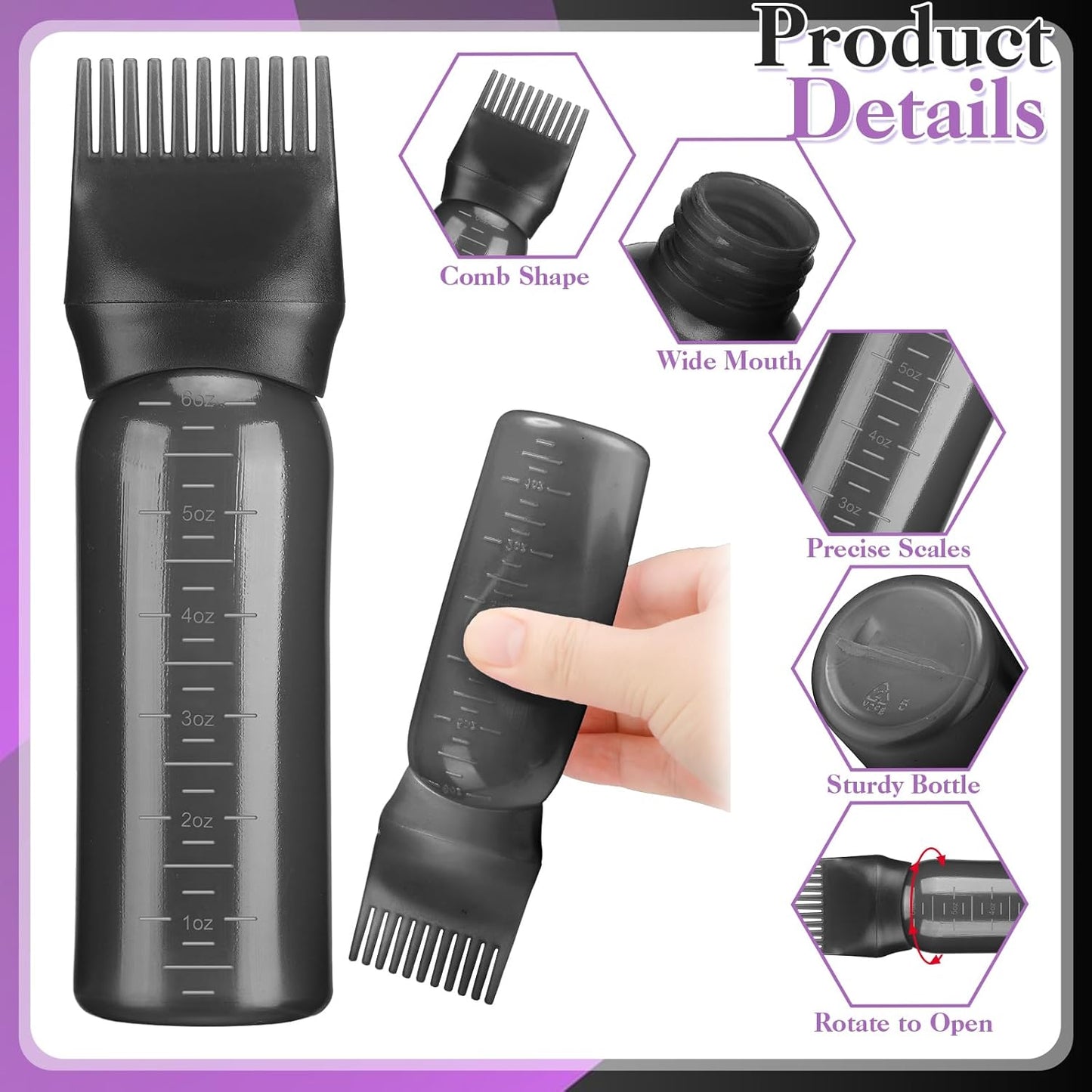 2 Pack Hair Oil Applicator Bottle for Scalp with Massage Comb,6 OZ Hair Oil Bottle with Root Comb for Scalp, Shampoo Scrubber Applicator,Hair Dye Tools(Black, purple)