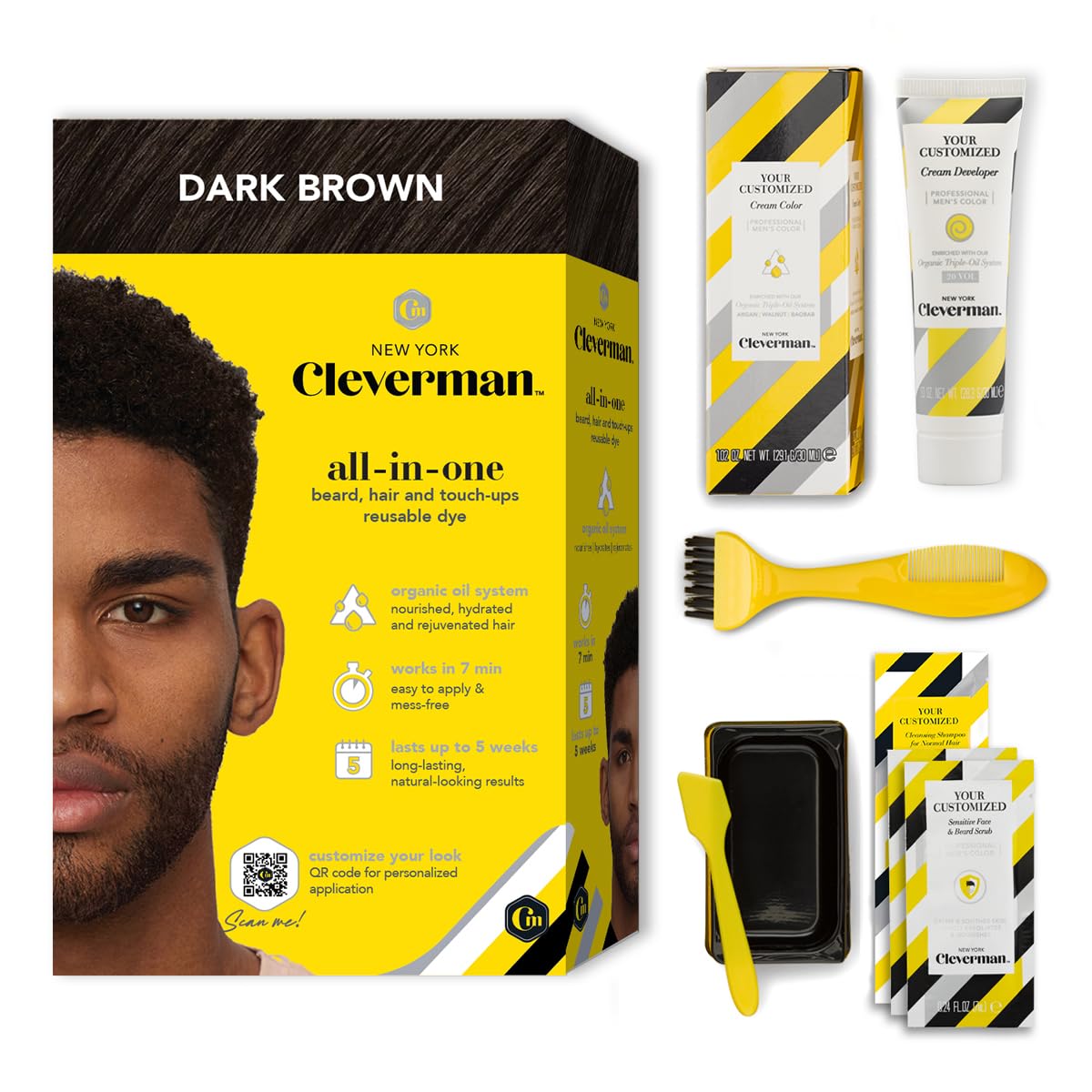 Cleverman Hair & Beard Dye Kit for Men, All-in-One Reusable Mens Hair Color, Natural Gray Coverage, Ammonia-Free Beard Mustache Dye for Men (Dark Brown for Black Men)