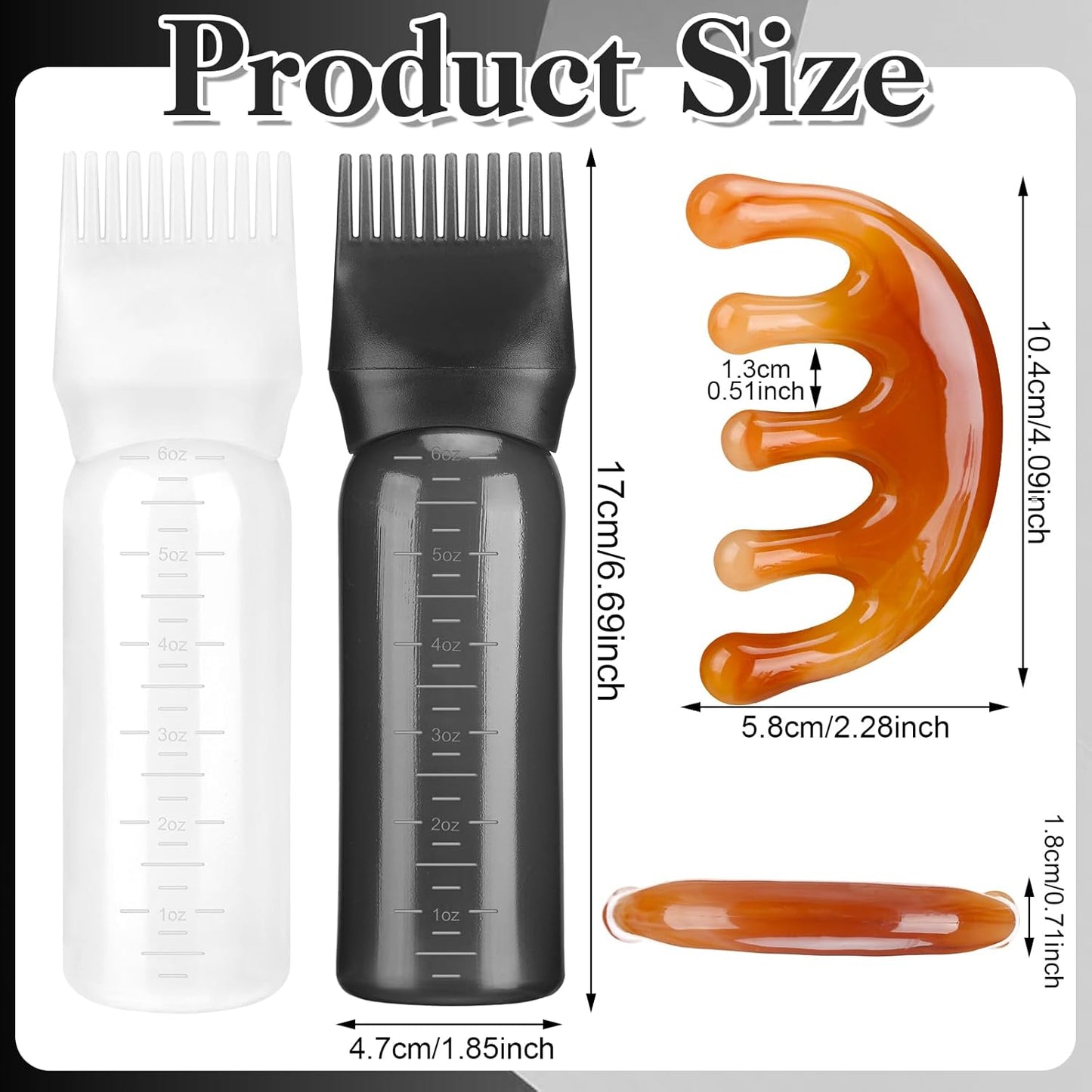 2 Pack Root Comb Applicator Bottle 6 OZ Hair Oil Applicator Bottle for Scalp with Massage Comb for Shampoo Scrubber Applicator,Hair Dye Tools(Black, white)