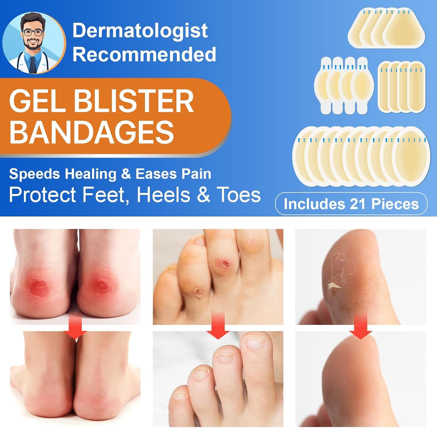 Gel Blister Bandages 21ct, Waterproof Hydrocolloid Blister Bandages for Foot Wound Quick-Healing Blister Cushions for Toe Heel All-Day Prevention, Variety Combo Pack