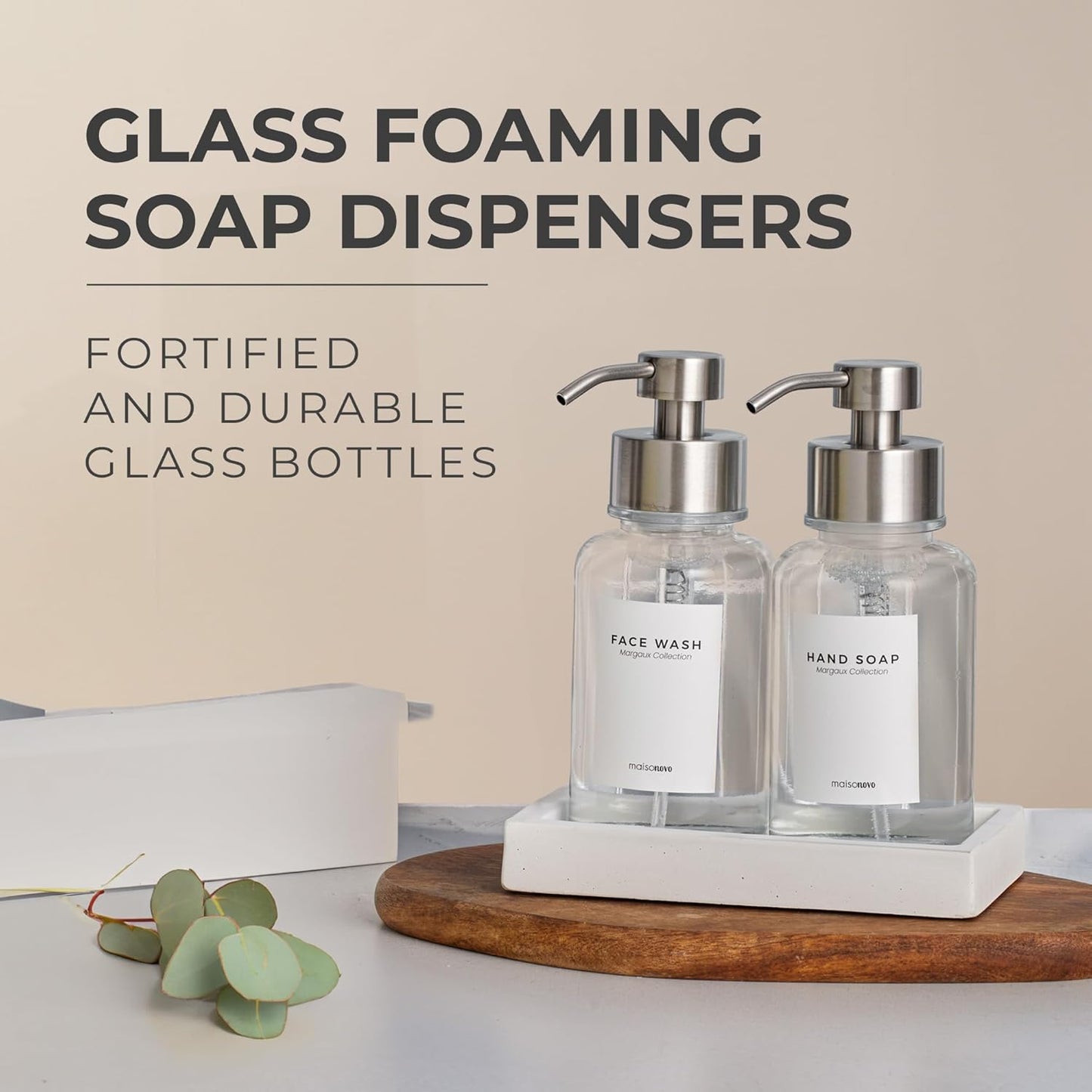 MaisoNovo Glass Foaming Soap Dispenser 14 Oz | Clear Glass Silver Pumps x 2 with Tray