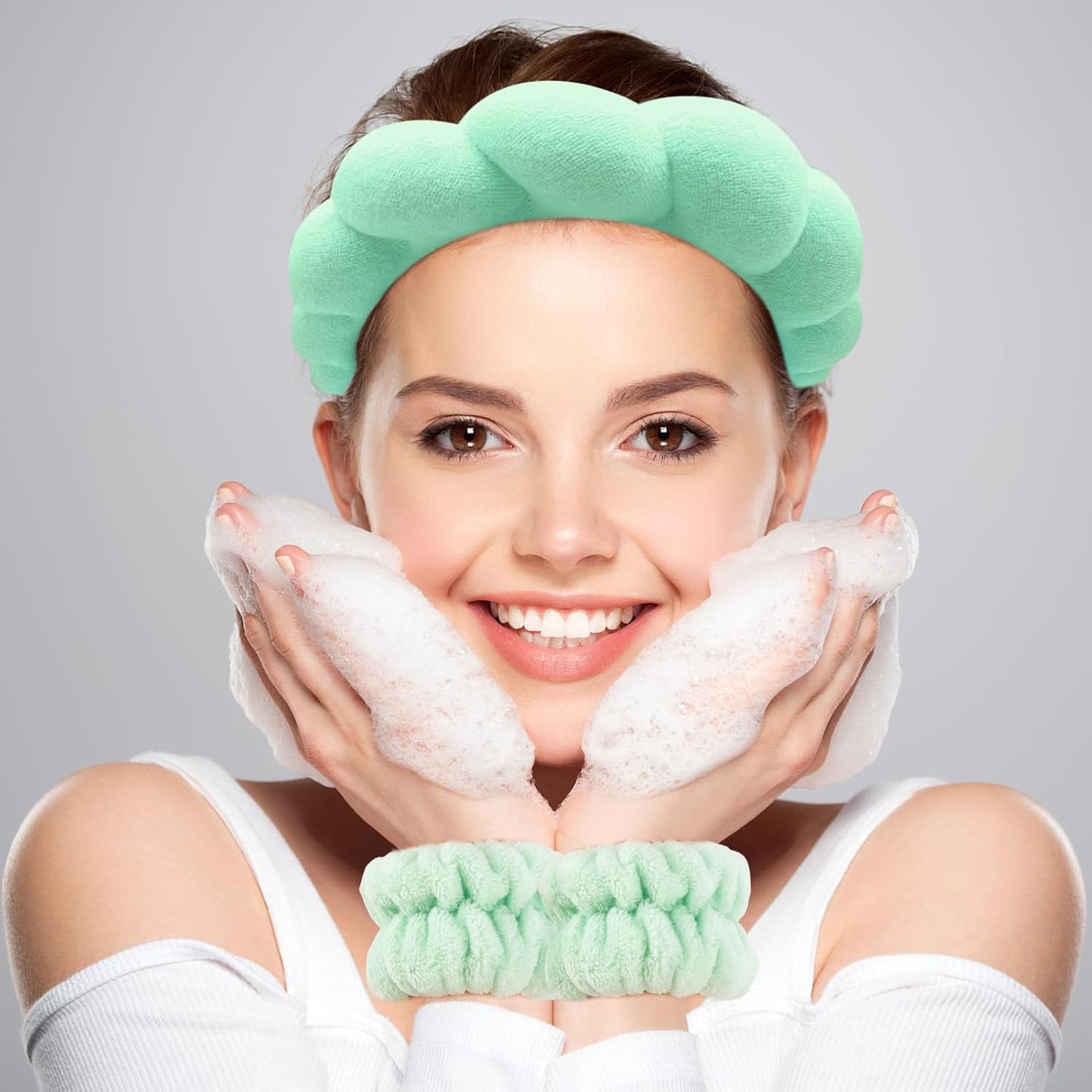 Zkptops Spa Headband for Washing Face Wristband Set Sponge Makeup Skincare Headband Wrist Towels Bubble Soft Hairband for Women Puffy Headwear Winter Non Slip Thick Thin Hair Accessory(Light Green-3)