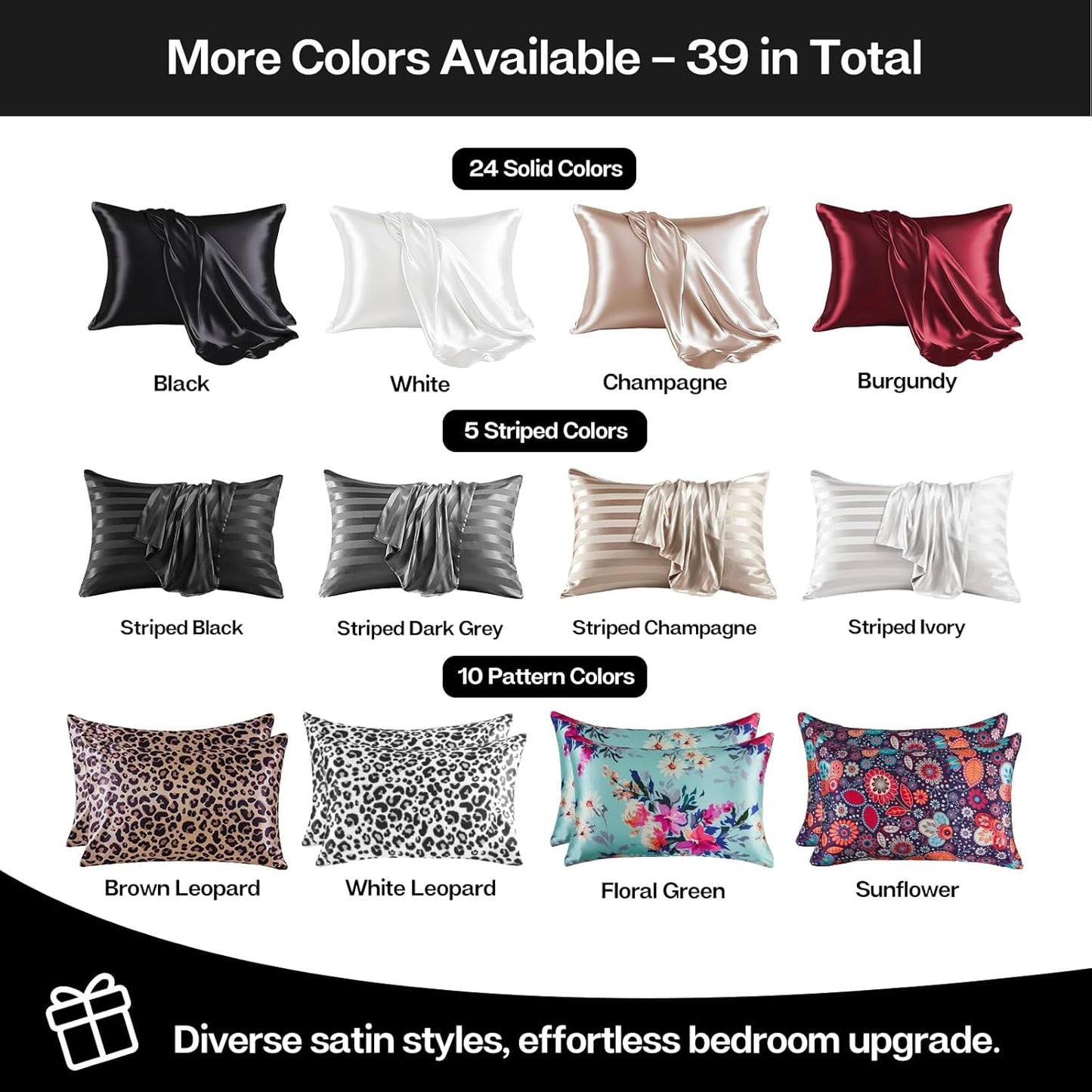 MR&HM Satin Pillowcase for Hair and Skin, Silk Satin Pillowcase 2 Pack, Standard Size Pillow Cases Set of 2, Silky Pillow Cover with Envelope Closure (20x26, Black)