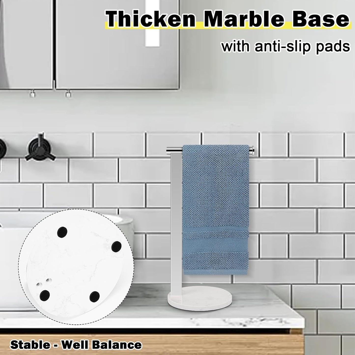 Stainless Steel L-Shaped Hand Towel Holder, SUS304 Bathroom Towel Rack with Thickened Base for Countertop Vanity (Chrome)